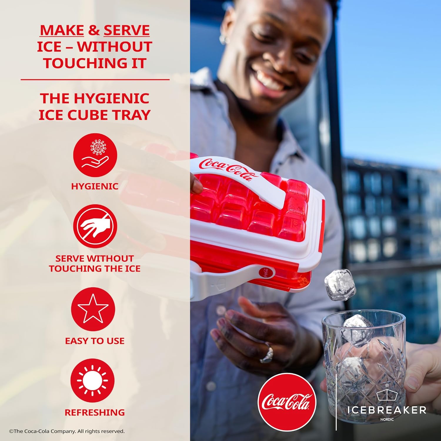 ICEBREAKER Nordic POP Ice Cube Tray With Lid and Coca-Cola® Design - NO SPILL Ice Cube Trays For Freezer - NO TOUCH Trays For Freezer With Lid - Make And Serve 18 Ice Cube Without Touching the Ice
