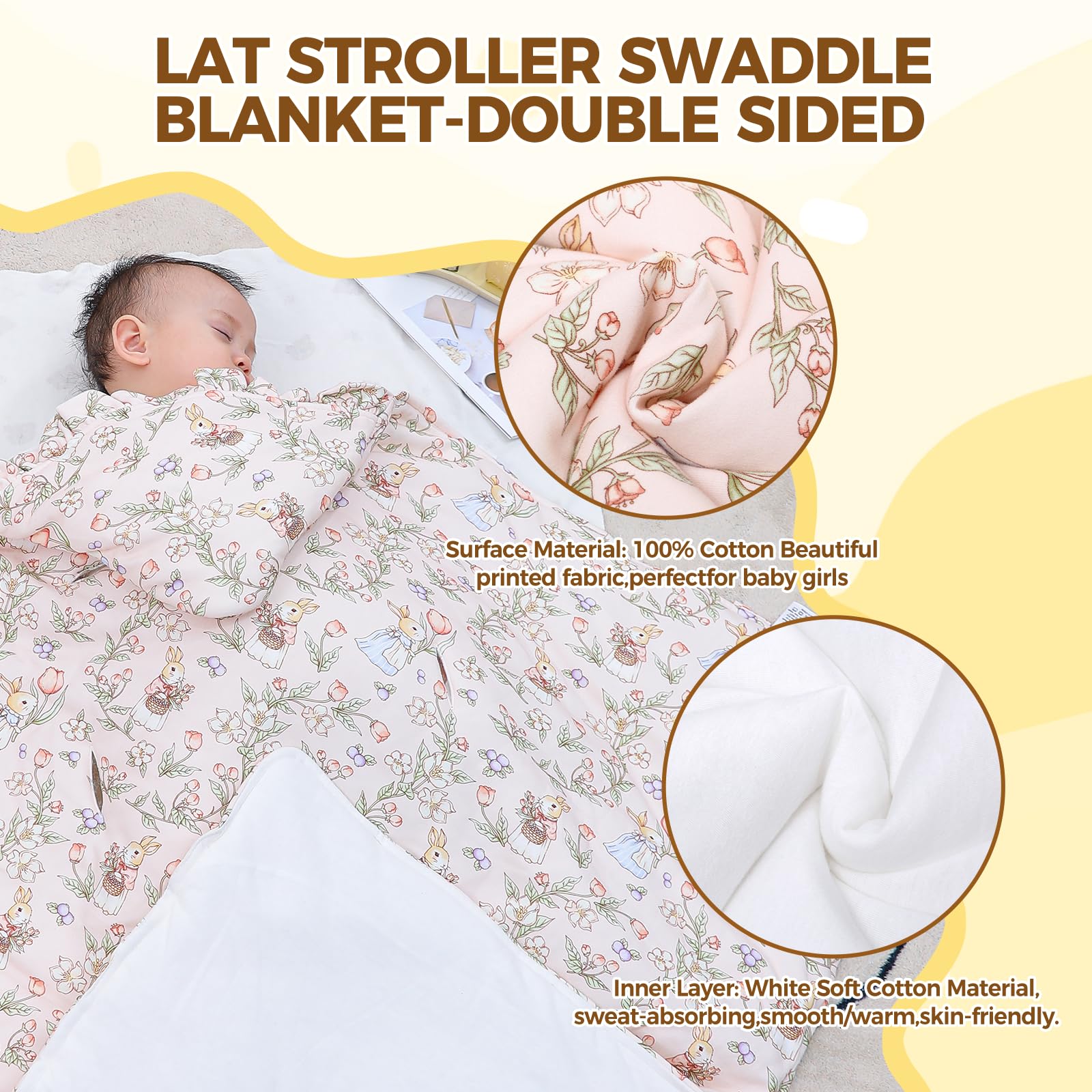 LAT Einschlagdecke für Babyschale, 90 * 90CM Universal Babydecke für Neugeborene, Kuscheldecke mit Kapuze Babydecke für Kinderwagen Buggy Autositz (Kaninchen und Blumen)