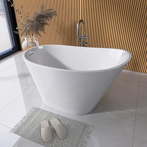 Miniatura 2 de GETPRO Bañera de pie independiente de acrílico de 67 pulgadas, bañera independiente de forma ovalada, bañera ajustable sola con desbordamiento