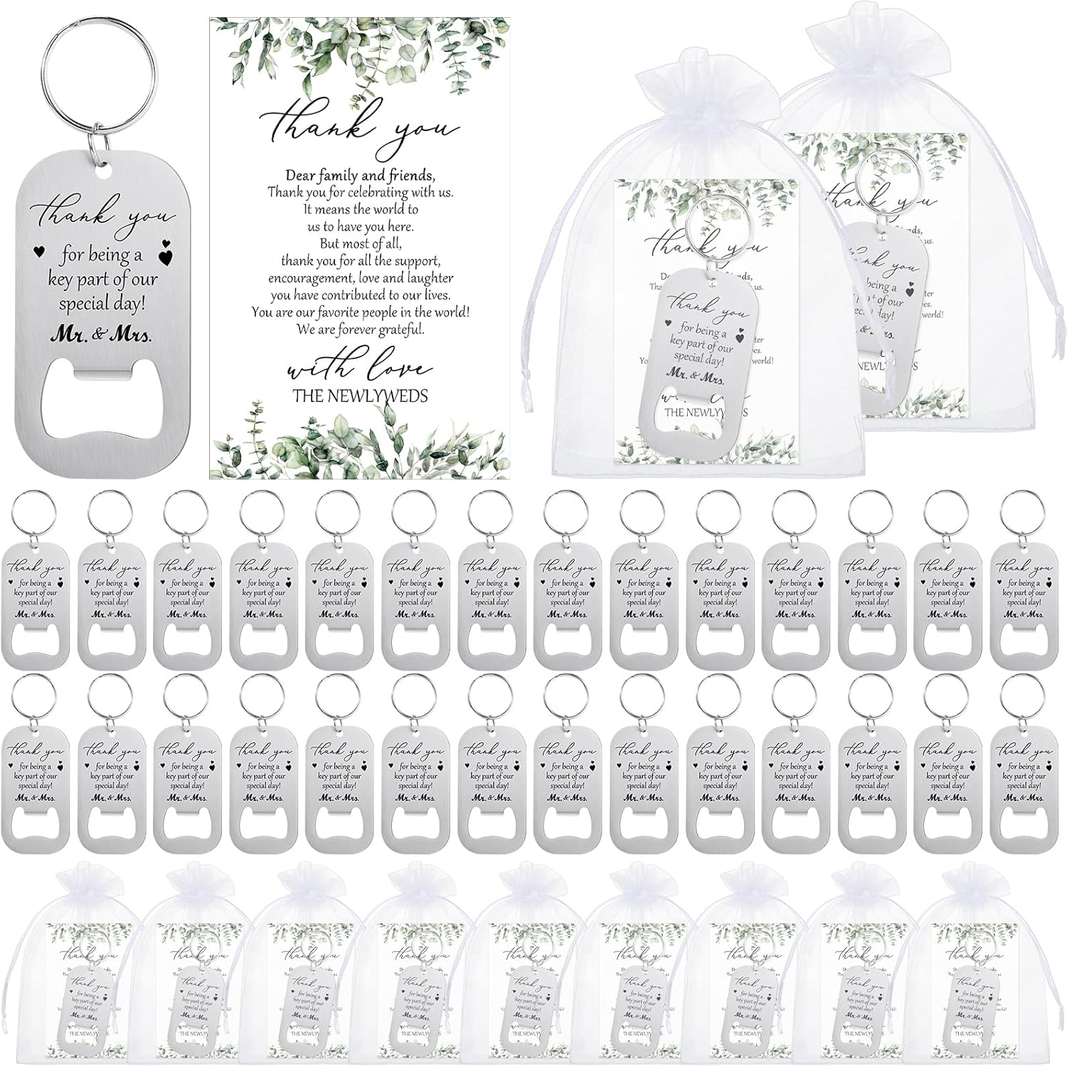 100sets Wedding Favors for Guests Include Key Bottle Opener Beer Bottle Opener Keychain Thank You Cards and Organza Bags Bridal Shower Wedding Party Souvenirs Gifts (Thank You)