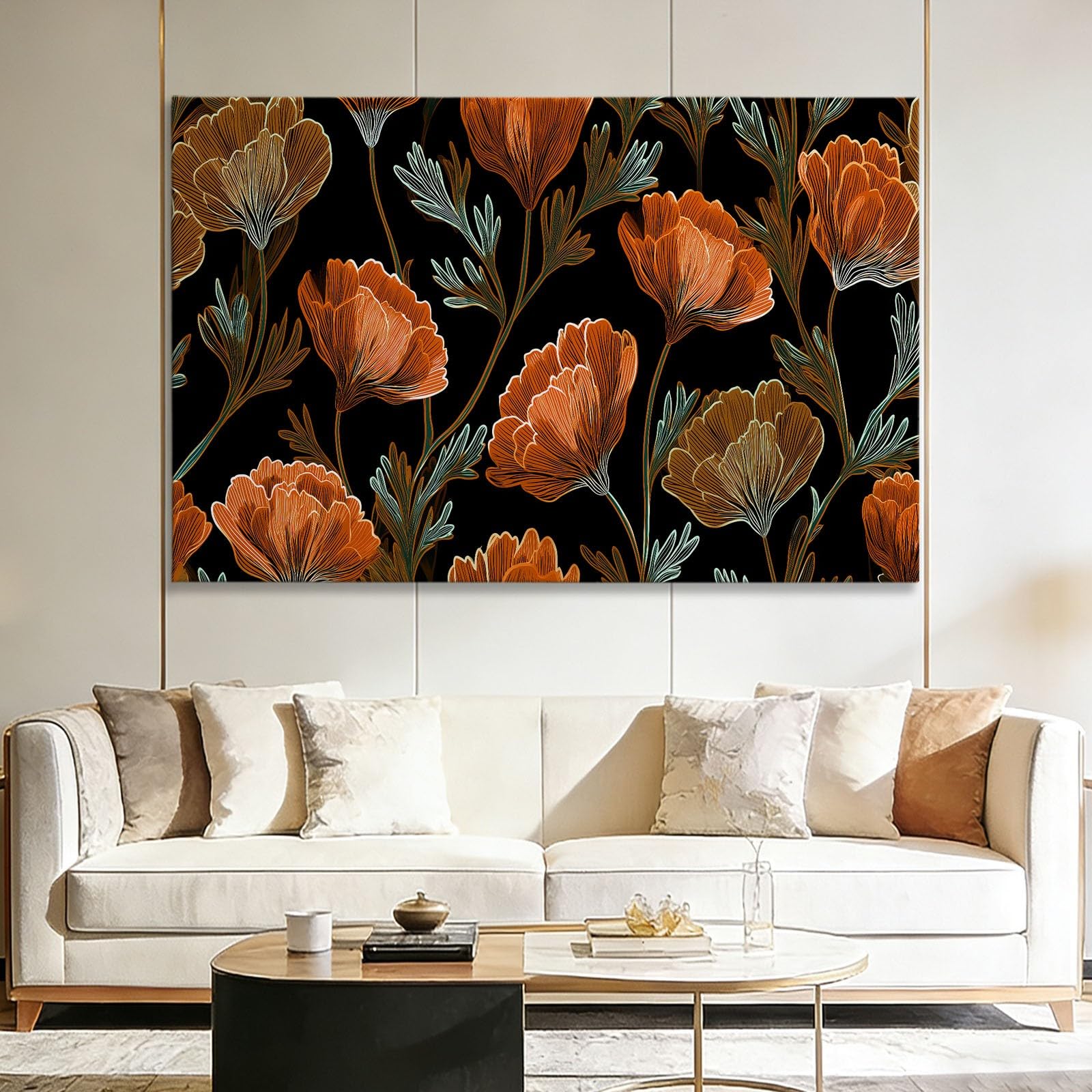 Vintage Pastoral Blumen Orange Wildblumen Modernes Leinwandbild 140L x 70B cm mit Rahmen, Landhausstil XXL Wanddeko für Wohnzimmer Geschenk Idee Einzug - Hochwertiger Kunstdruck auf Holzrahmen