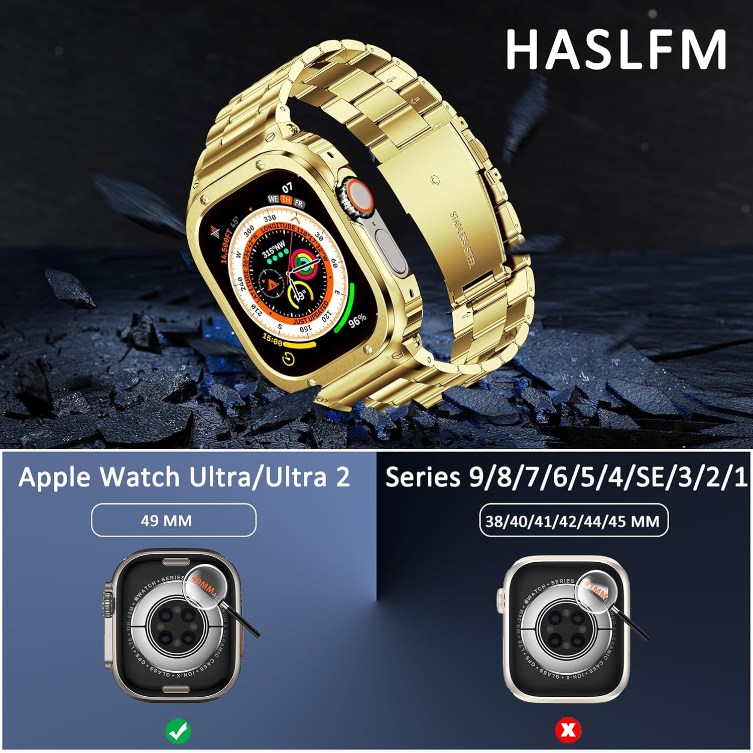 HASLFM Stainless Steel Band with Case Compatible with Apple Watch Ultra 3 2 1(49mm), Metal Protective Bumper Cover for iWatch Bands Men,Gold - Image 5