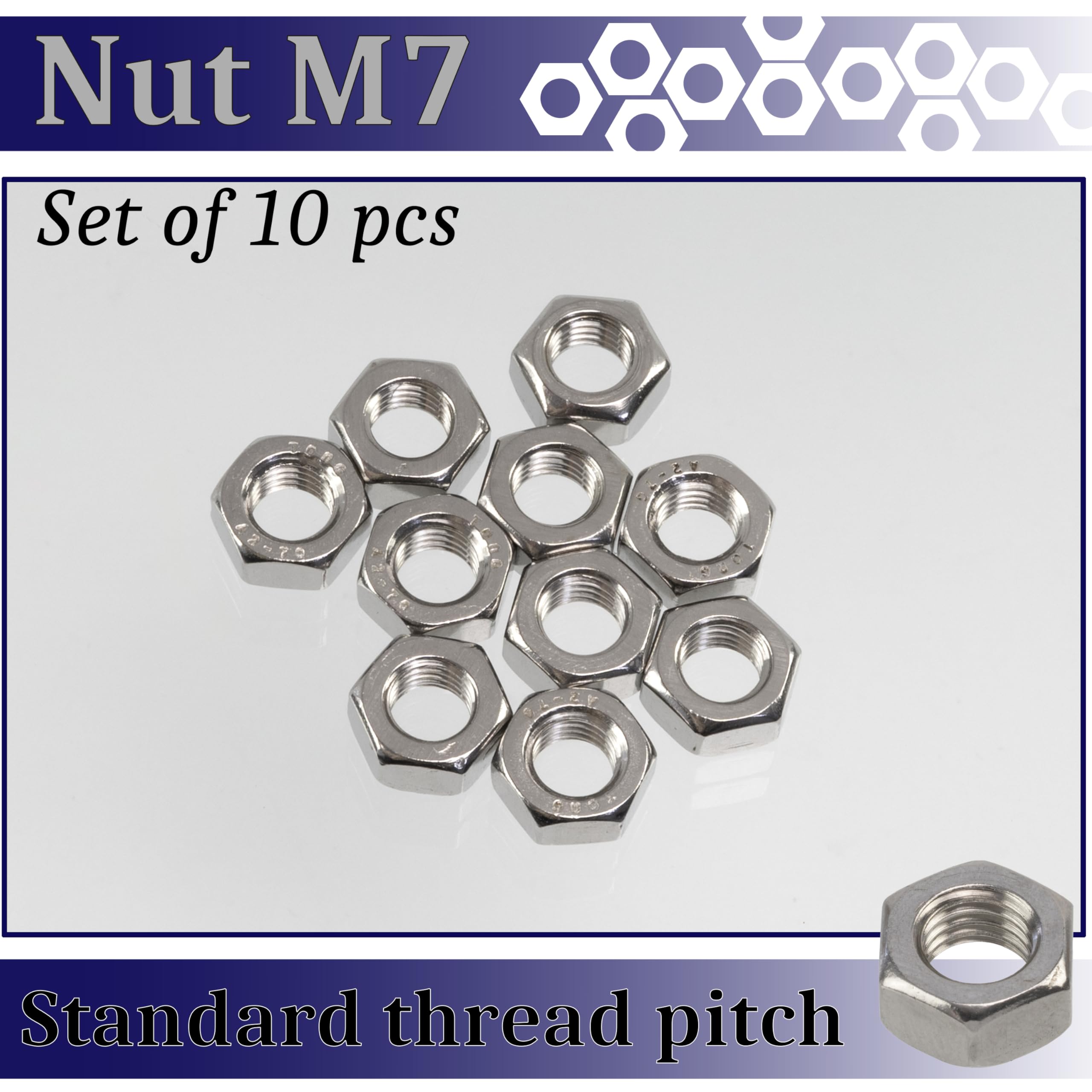 AERZETIX - Set di 10 Dadi esagonali M7x1mm a 6 lati con filettatura metrica - in acciaio inossidabile - colore argento - ideali per progetti fai da te elettronica e meccanica
