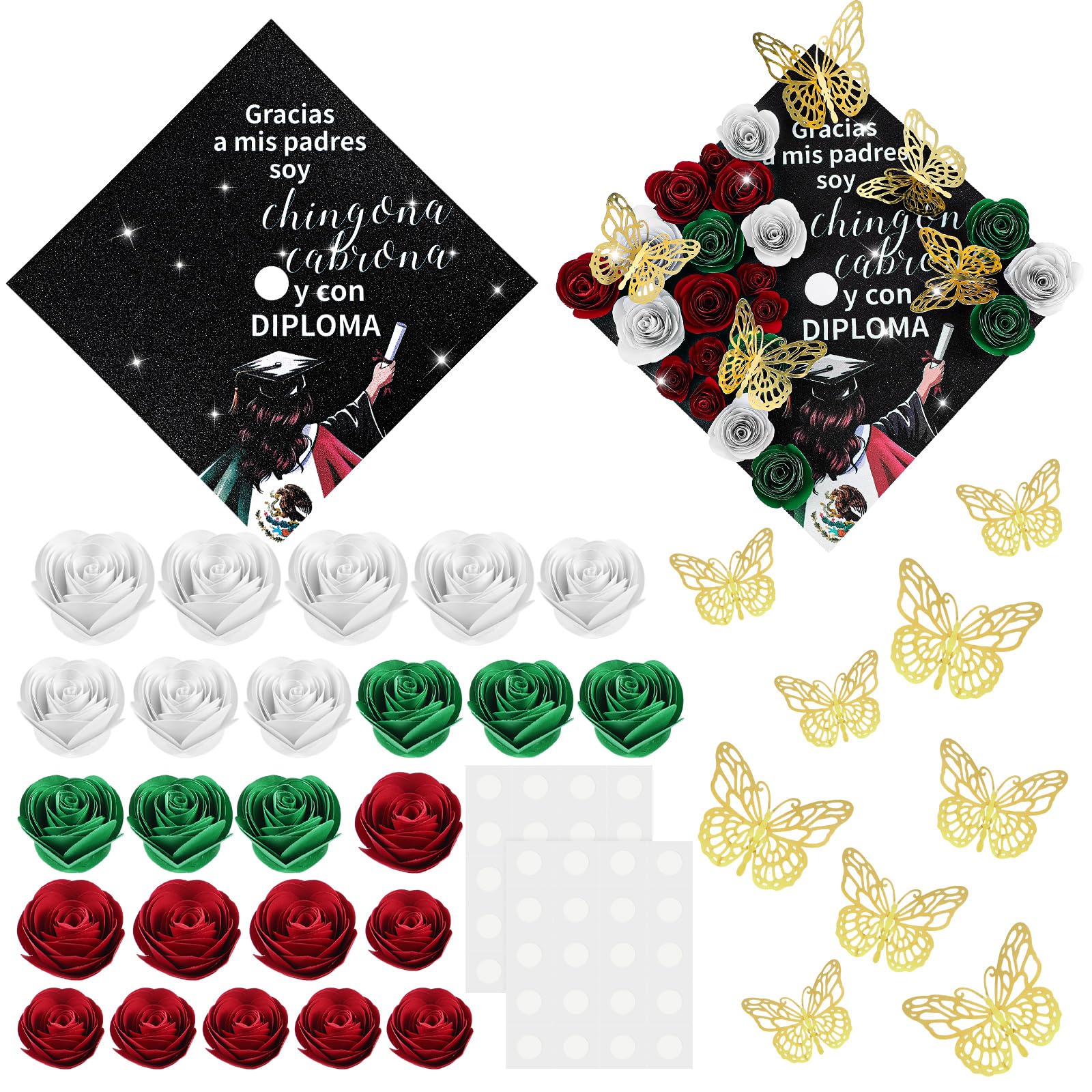 Photo 1 of Dunzoom 37 Pcs Mexican Flag Graduation Cap Decorations Kit, Glitter Mexican Flag Grad Cap Topper with Paper Flowers 3D Butterflies for Grad Hat Topper Cover Craft Gift Decor(Style B)