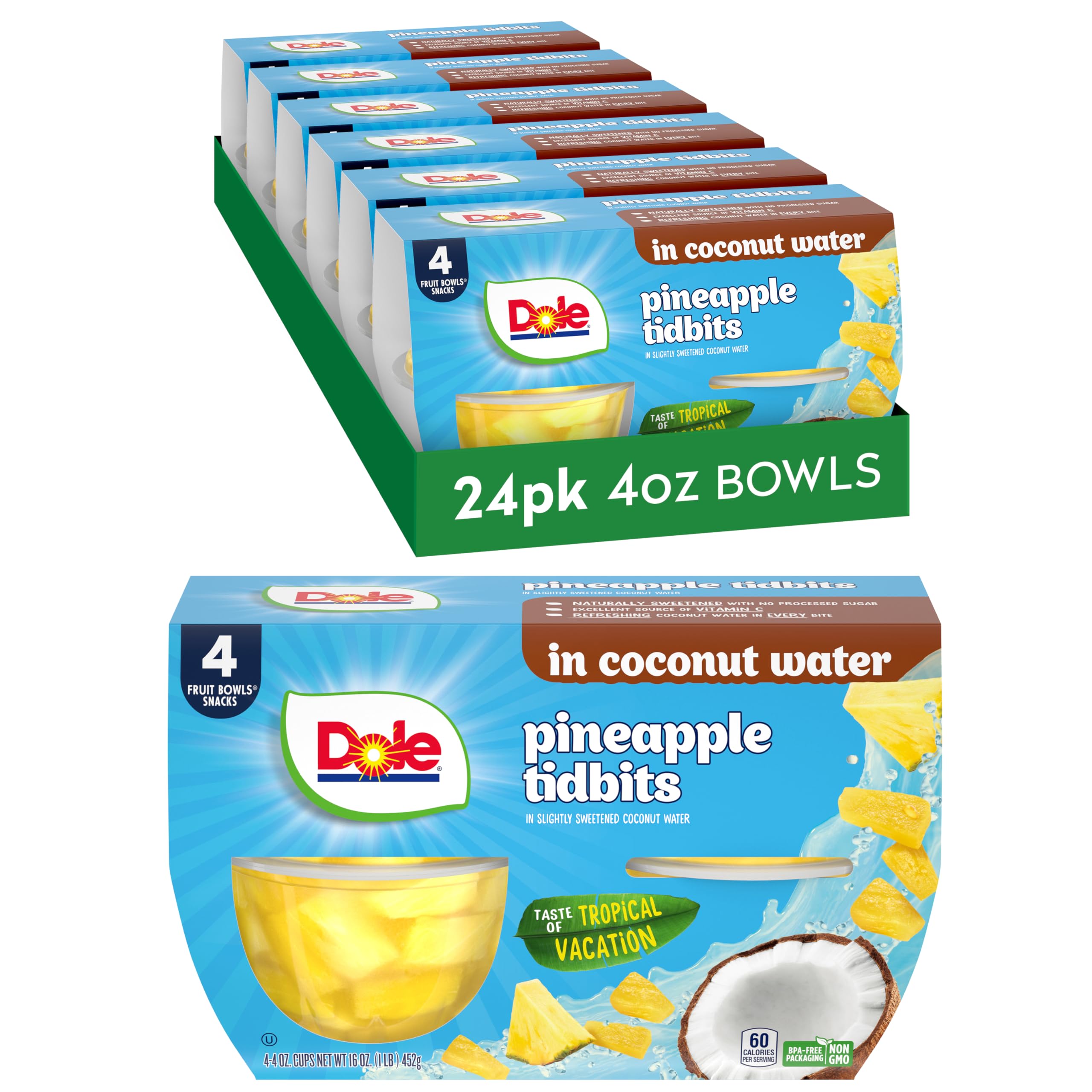 Dole Pineapple Tidbits in Coconut Water - Dole Fruit Bowls Snacks - 4 oz Fruit Bowls - 24 Pack
