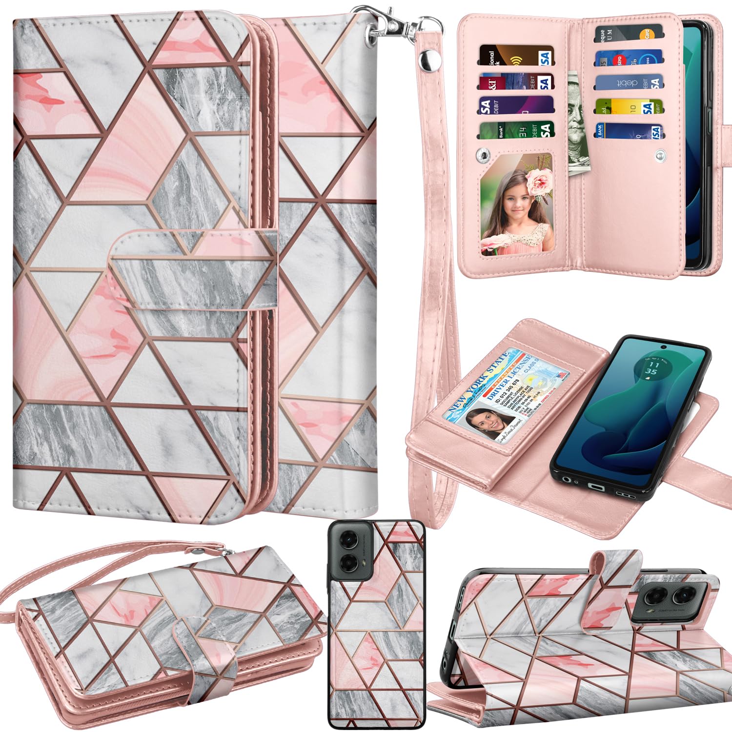 Takfox Wallet Case for Motorola Moto G 5G 2024, for Moto G Play 2024 5G Case, PU Leather Credit Card Holder Slots Case Folio Flip Detachable Magnetic Cover Kickstand & Carrying Strap, Marble