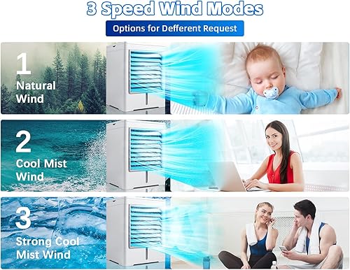 Miniatura 3 de Aire acondicionado portátil, enfriador de aire evaporativo, mini enfriador de aire inalámbrico personal con 3 velocidades de viento y 3