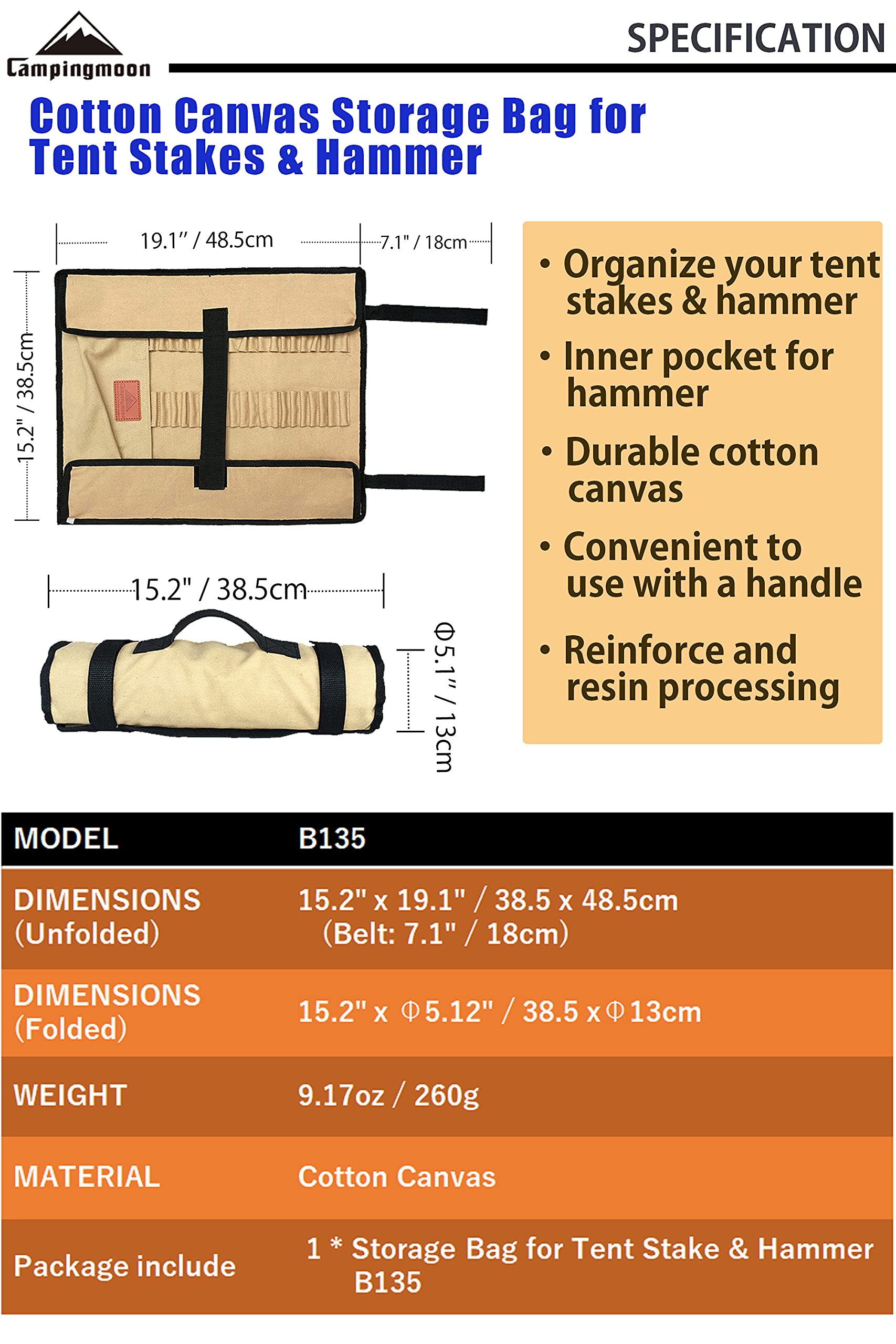 CAMPINGMOON Cotton Canvas Tent Stakes Case Storage Bag Max 13.78’’/35cm in Length Beige Color B135