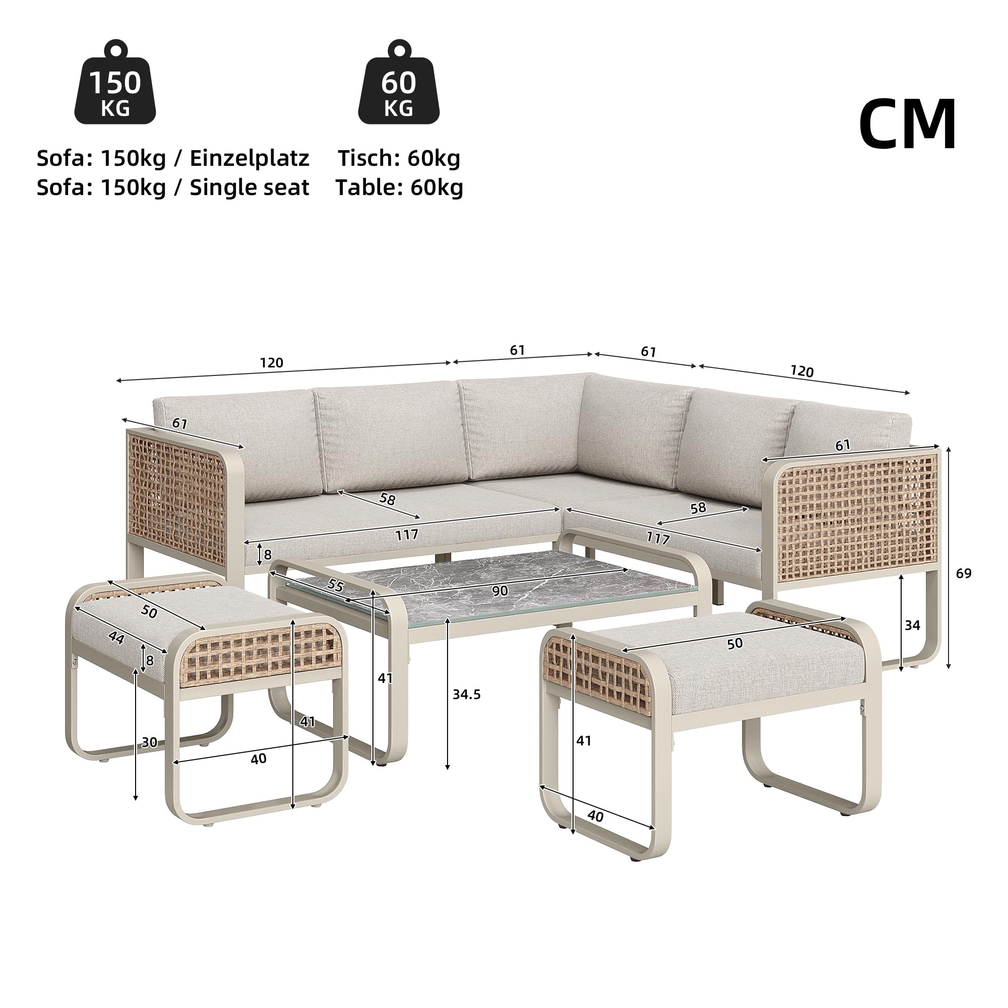 Set divano angolo rattan ferro zincato 120x61x69 cm beige per 6-7 persone