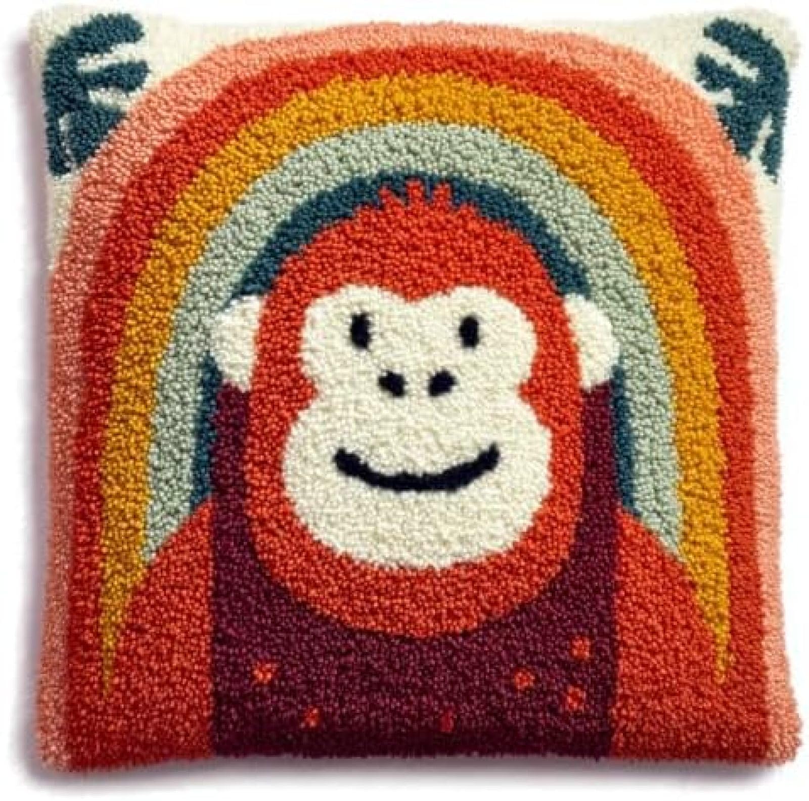 kitphoenix DIY Latch Hook Cushion Kit Orangutan and Rainbow Background,Beginner-Friendly Rug Hooking Pillow Kit,Crochet Craft Cushion Cover for Home Decor,43x43 cm