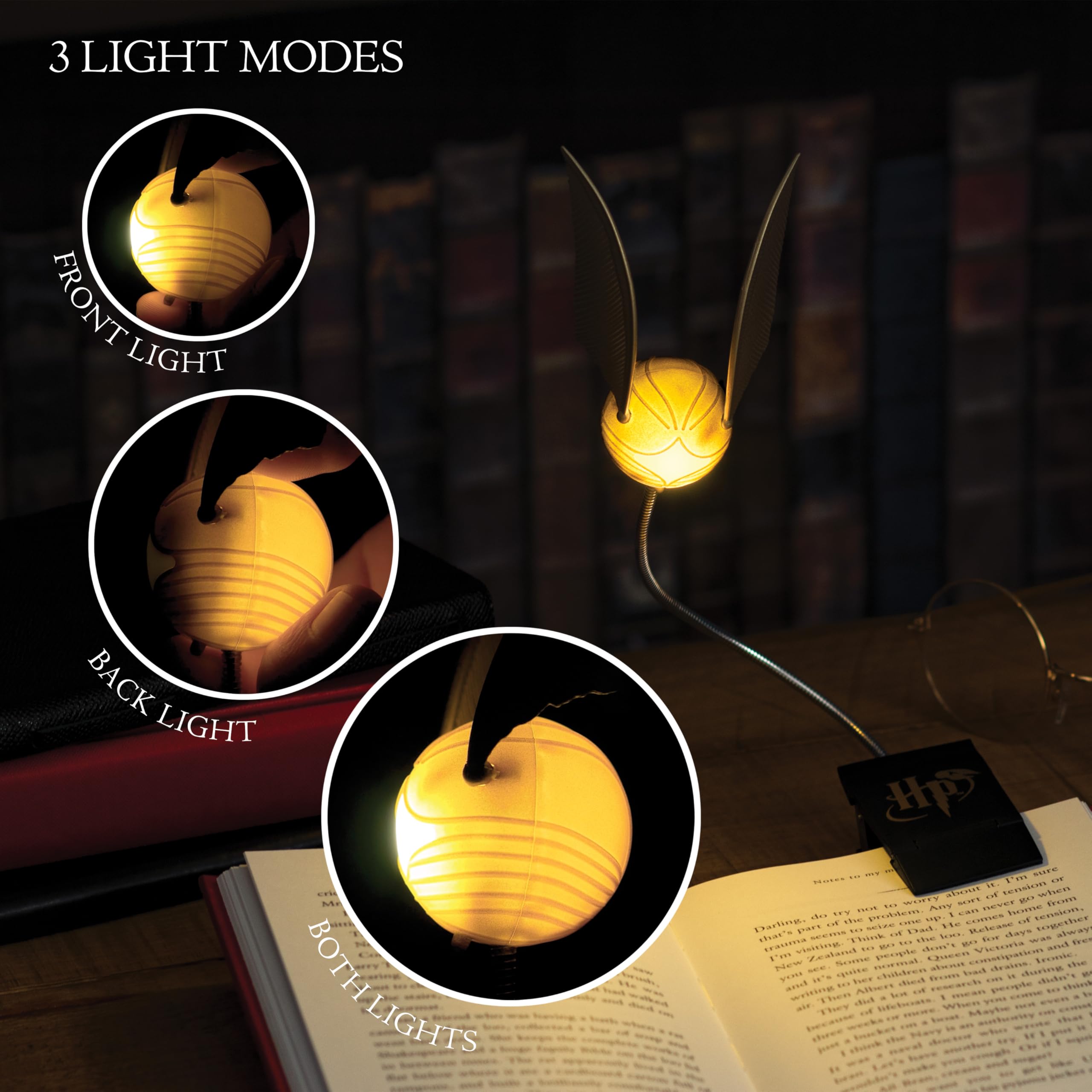 Luz de lectura de la snitch dorada de Harry Potter, clip para libro con 3 niveles de brillo