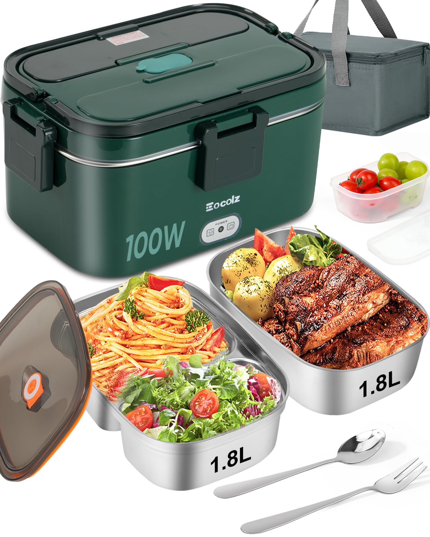 Eocolz Lonchera Eléctrica Boîte à déjeuner électrique 100 W avec double récipient de 1,8 l pour voiture, camion, travail fourchette et cuillère en acier inoxydable 12/24/110 V pour adultes (green)