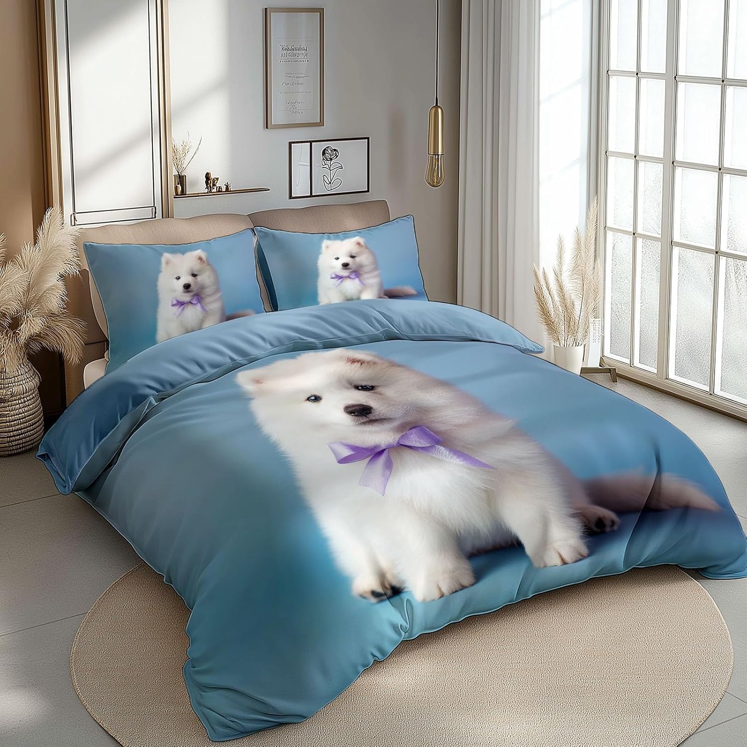 Samoyed Poszewka na kołdrę 225 x 225 cm, poszewka na kołdrę dla psa, 3 szt., dwustronny zestaw pościeli 3D z nadrukiem zwierzęcym, ultramiękki zestaw pościeli ze szczotkowanej mikrofibry, dekoracja