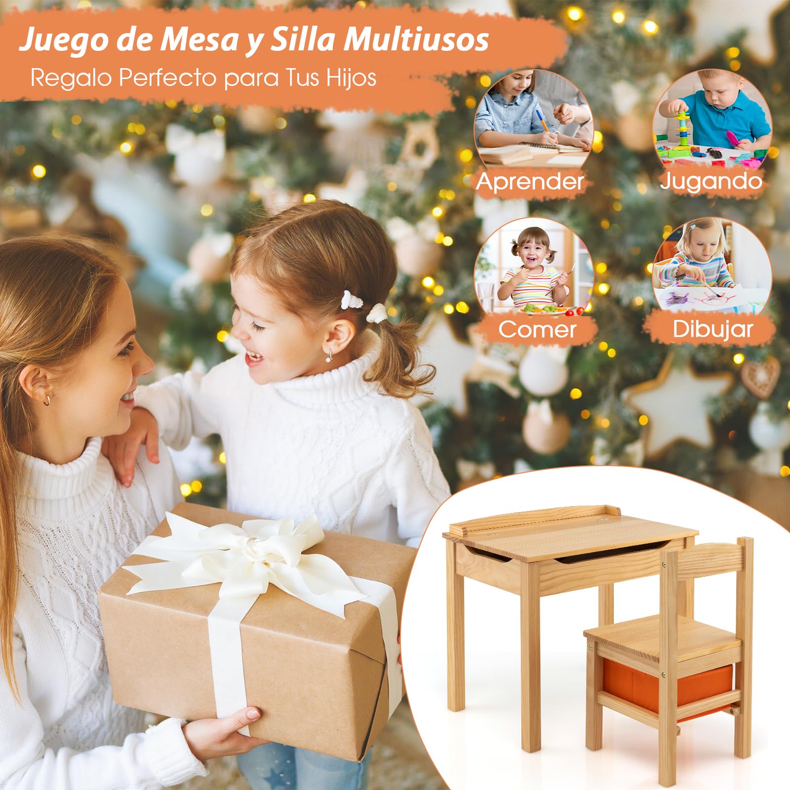 COSTWAY Juego de Mesa y Silla para Niños, Escritorio Infantil con Silla y Tablero Abatible, Juego de Mesa de Actividades de Madera Maciza, Bisagra de Seguridad, Cajón Extraíble (Natural)