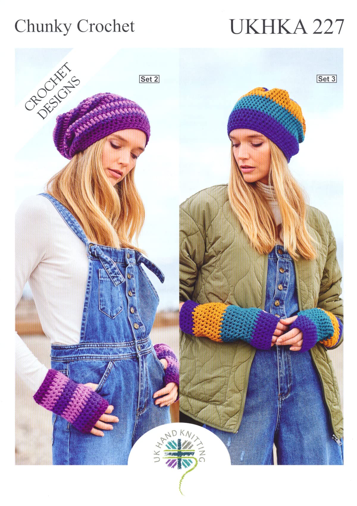 UKHKA 227 Womens Chunky Crochet Pattern Winter Beanie Hat & Fingerless Gloves