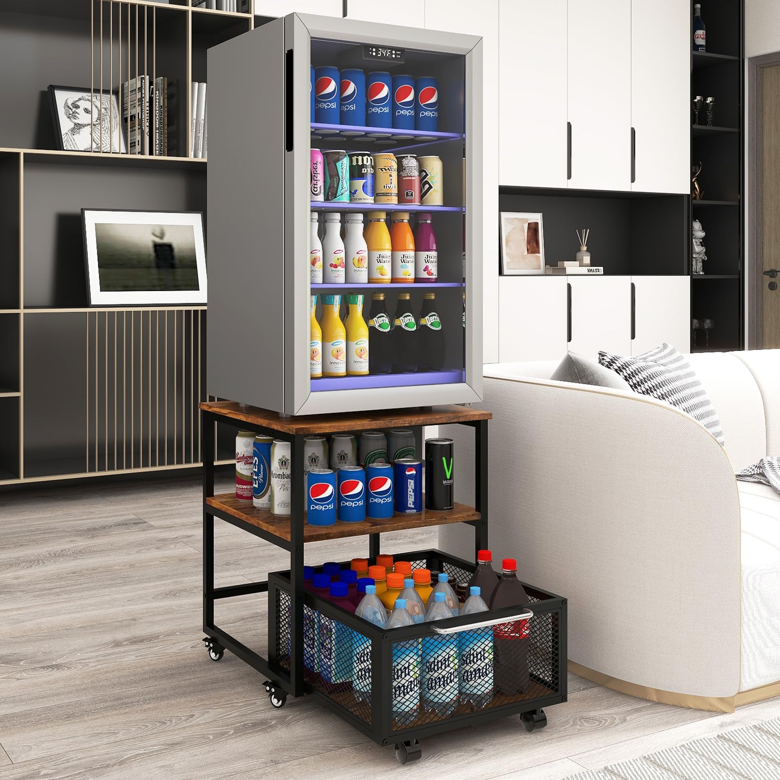 PUNCIA Support de Réfrigérateur 50x50x60cm avec Panier à Tiroir Roulant Plateau de Mini Frigo Portable Armoire à Café avec Grande Capacité Étagère Debout Table pour Chambre Cuisine(Marron)