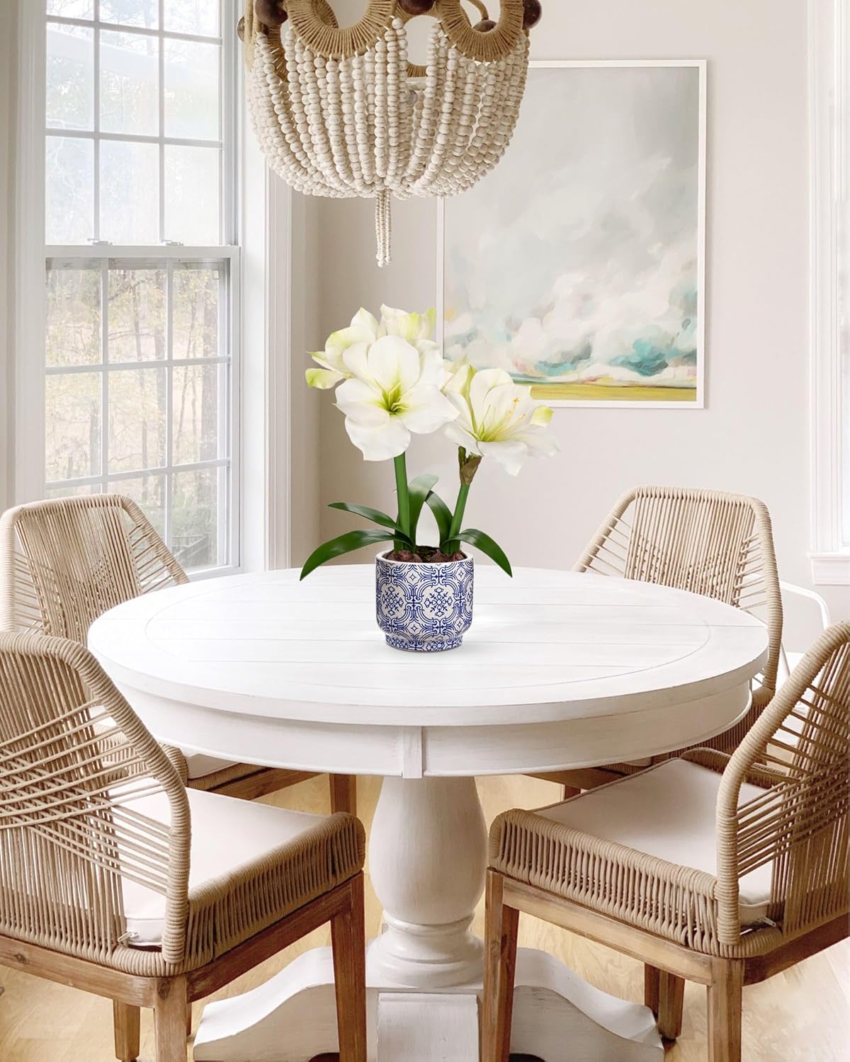 Briful Amaryllis Artificial Flowers in Blue Ceramic Pot 18.1" Faux White Amaryllis Flower Arrangement with Decorative Bulbs Moss Silk Amaryllis Plant for Home Office Bathroom Table Décor