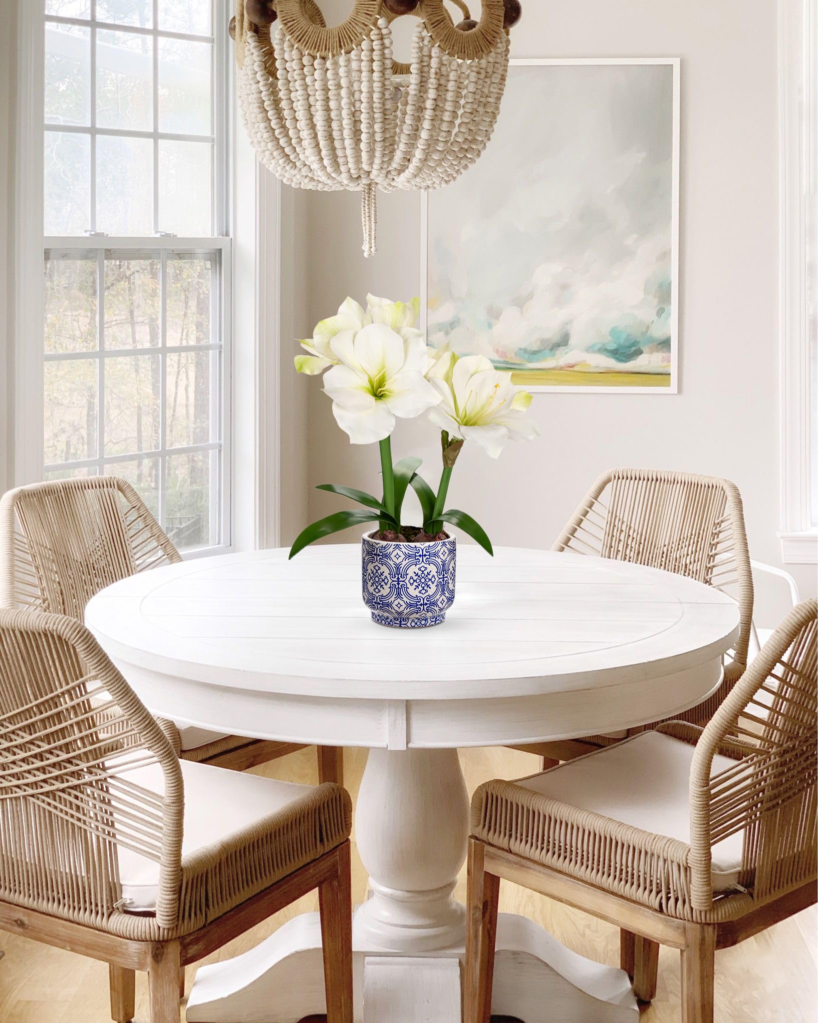künstliche Blume Künstliche Amaryllis im Topf 46 cm Dekoblumen | Unechte Blumen im Topf aus Keramik Weiße Blumen in Vase für Modern Vintage Boho Deko auf Tisch Regal Balkon Fensterbank