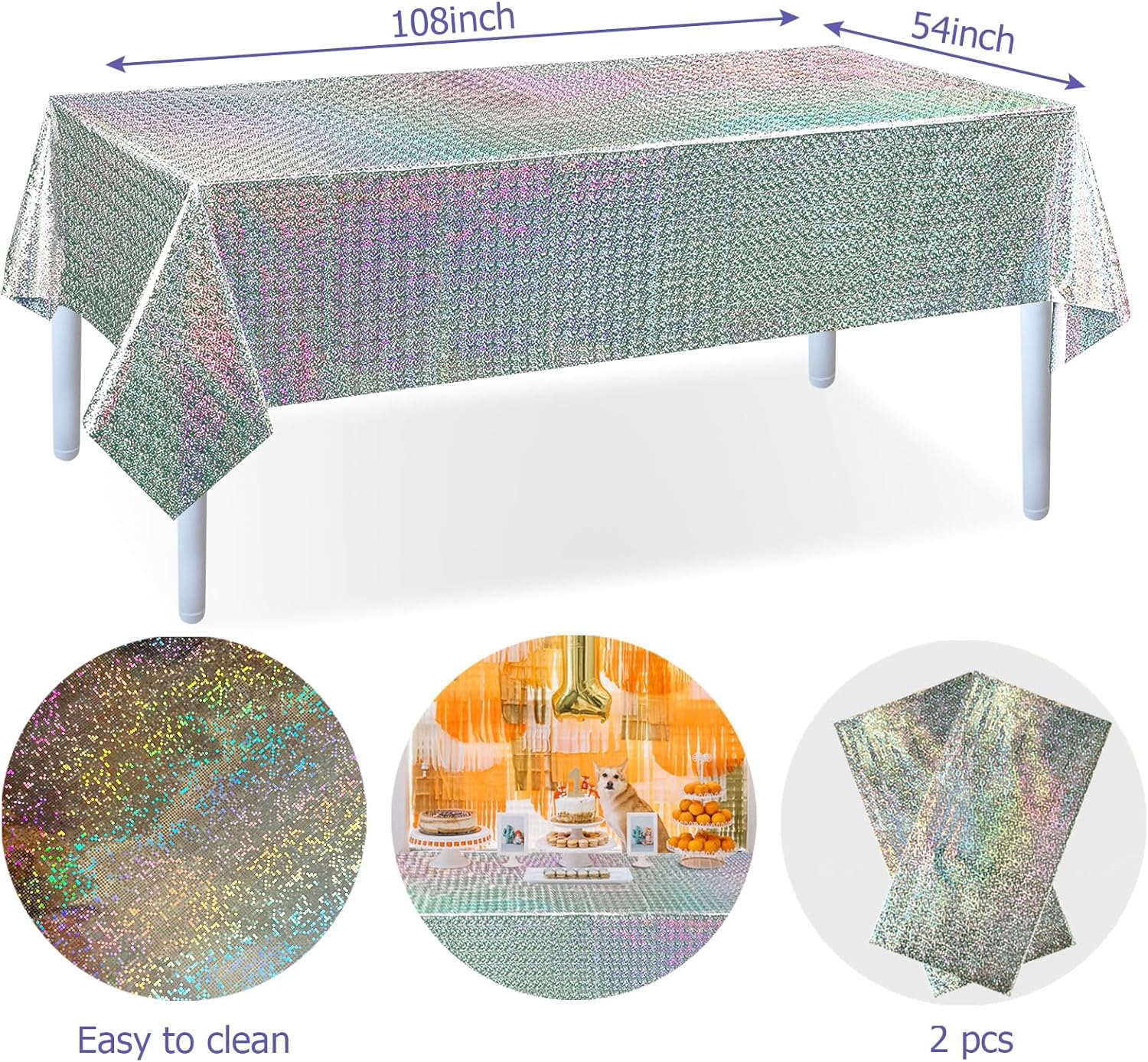 Silver Tablecloth Cover for Party Iridescent Plastic Tablecloths Disposable Laser Rectangle Table Covers Foil Tablecloth Party New Year Birthday Bridal Wedding Decoration (Silver, 2)