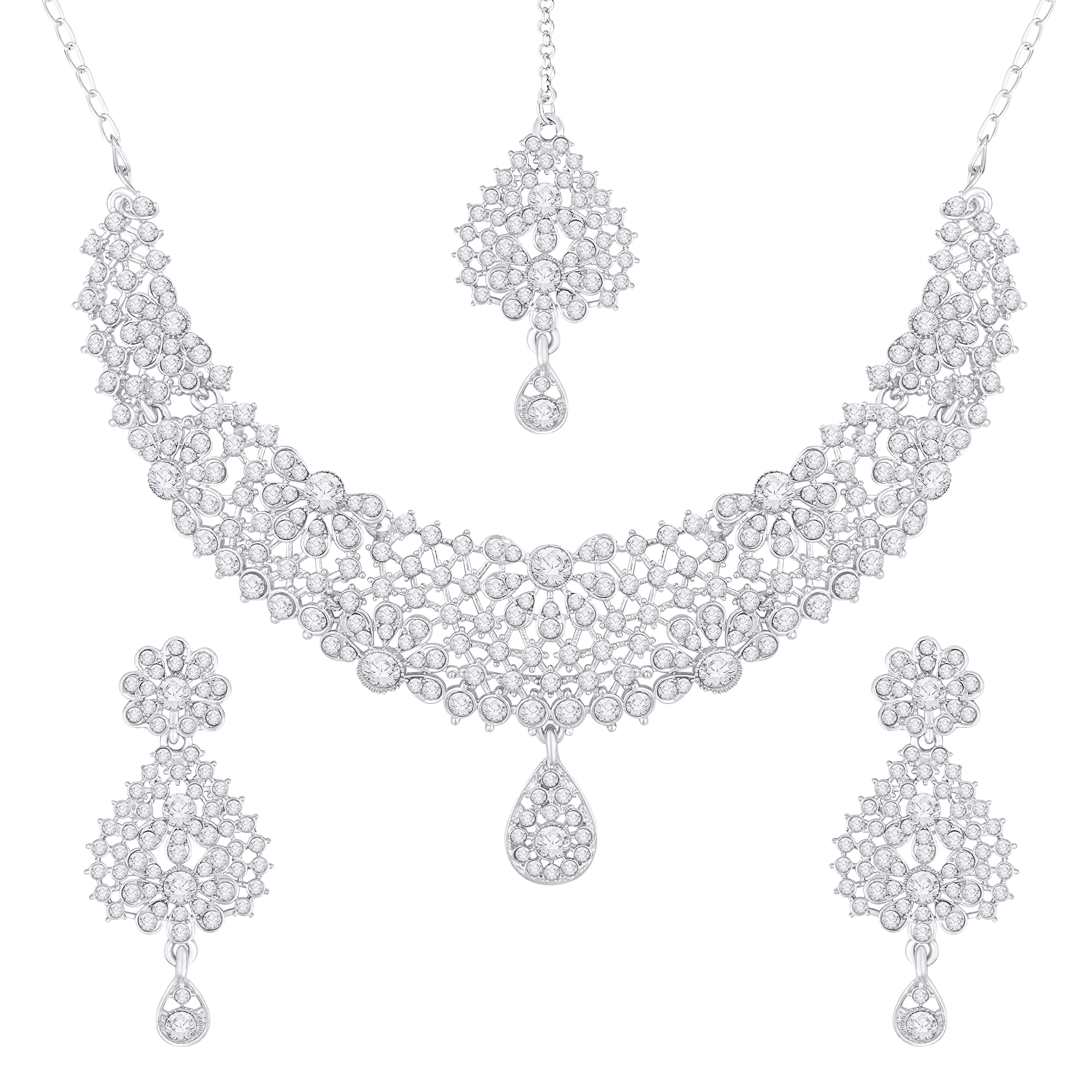 Atasi International Glitter Miracle Silver Plated Alloy Choker Necklace Set with Earrings and Maang Tikka For Women (R5404) (B0C343X97V) Amazon Price History, Amazon Price Tracker