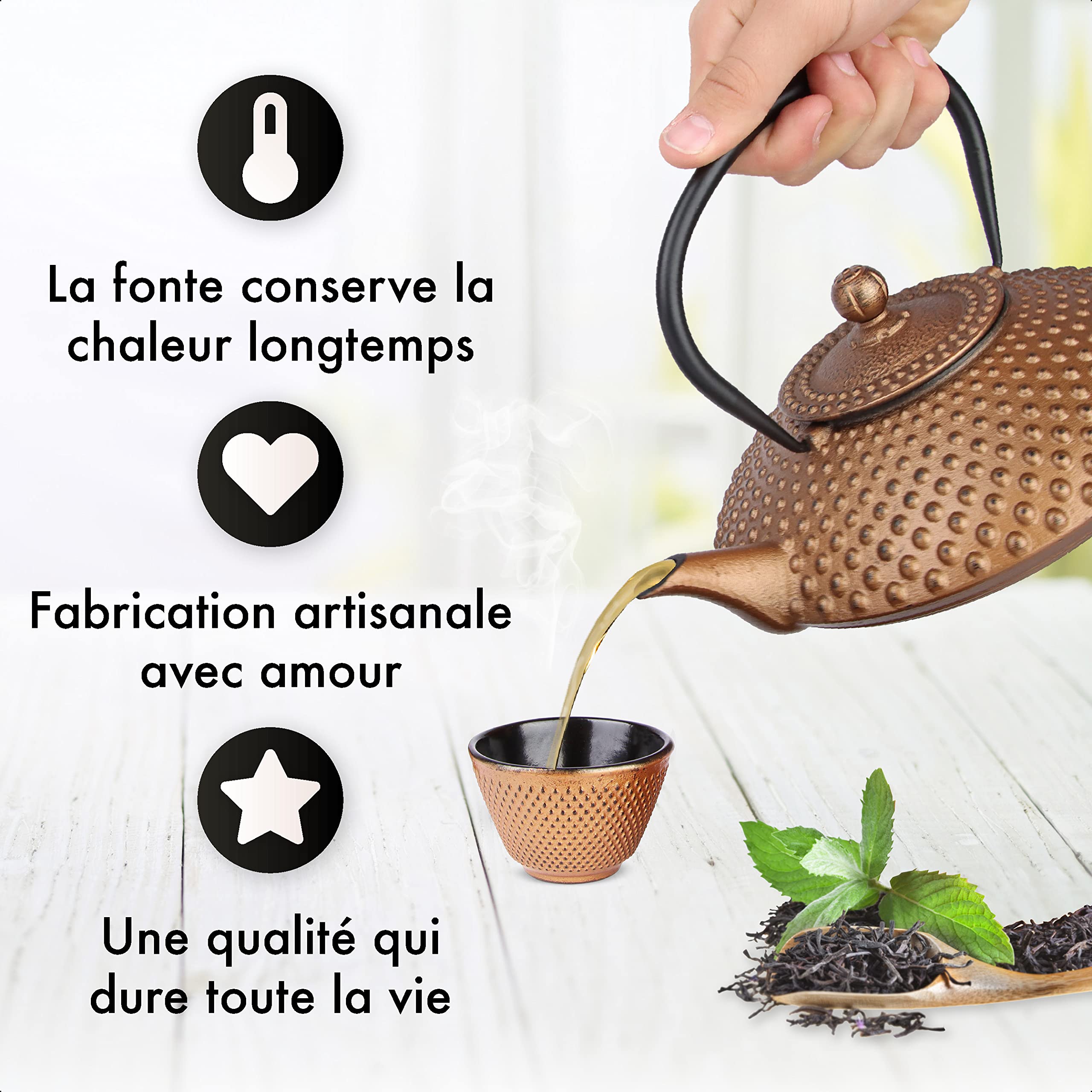 Kambin THEIERE FONTE1,25 LITER - Théière en Fonte avec Infuseur - Entièrement émaillée de l'intérieur - Prépare Une Tasse de Thé Parfaite – Design Authentique Japonais à Picots - Cuivre