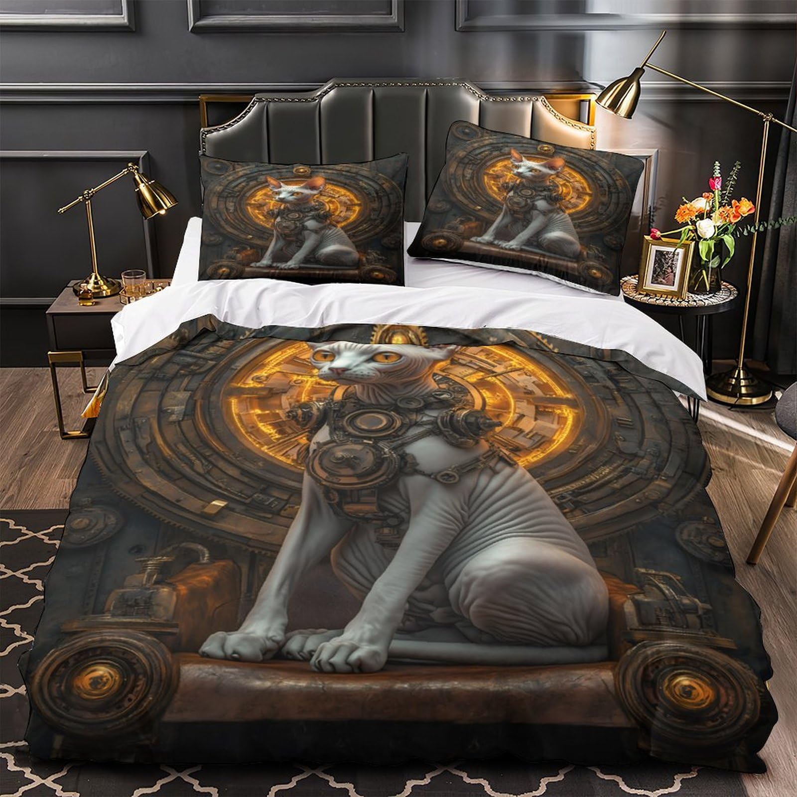 Parure de lit chat steampunk en microfibre pour chambre de garçon ou fille