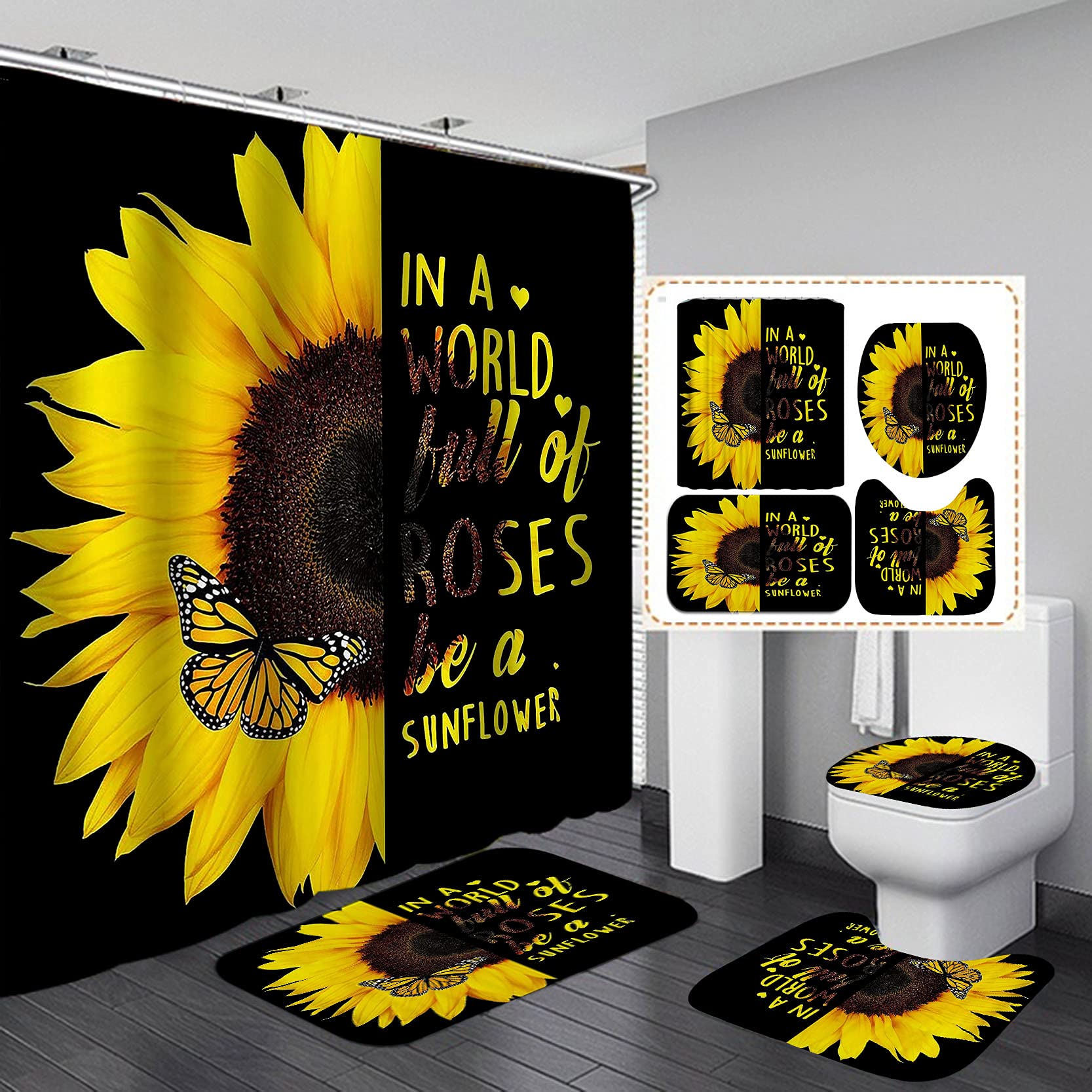 Fashion_Man OLEBETY 4PCS/Set Blooming Sunflower Butterfly Shower Curtain, Yellow Floral Inspirational Quotes Bathroom Decor, Black Fabric Bath Non-slip Rugs, In a World Full of Roses Be
