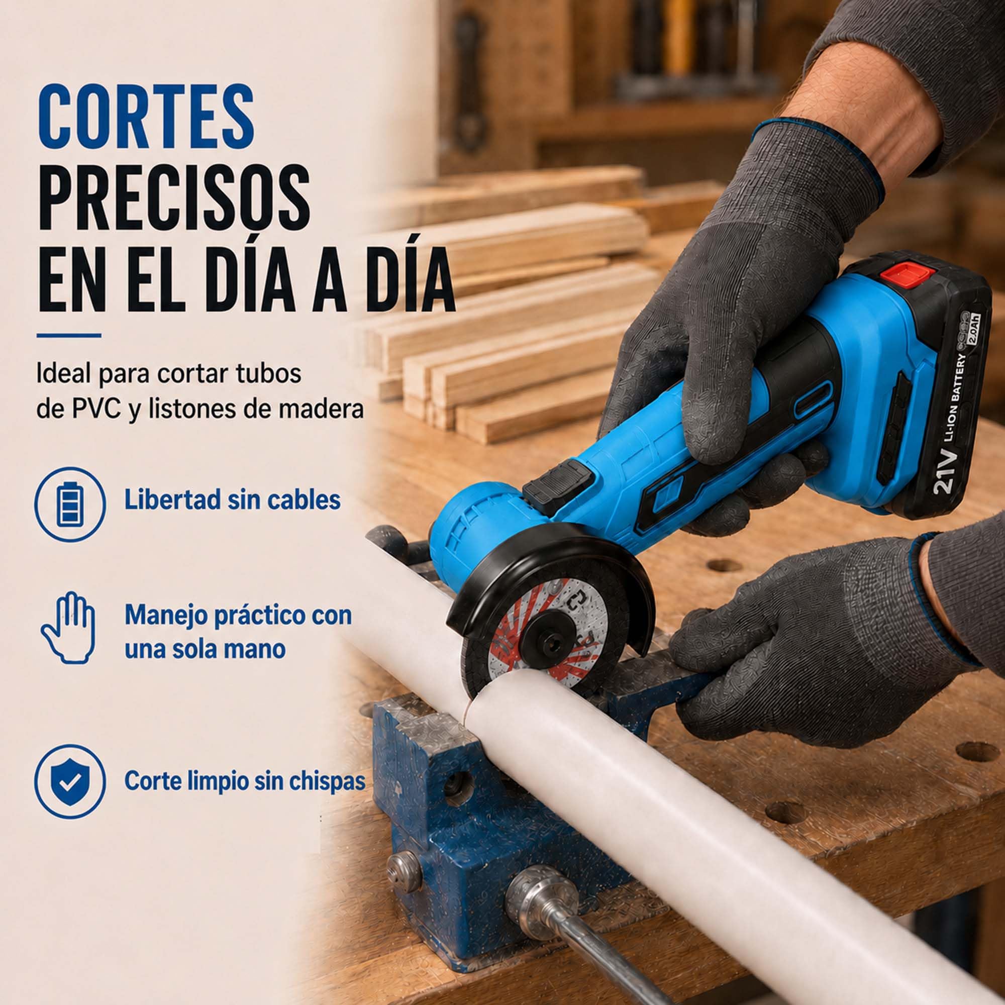 Mini amoladora 21V Max, 76 mm, sin escobillas, 2 baterías, 19.000 rpm | 8 discos para metal, azulejos, madera, plástico y PVC, ideales para cortar, lijar y trabajar distintas superficies.