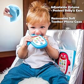 Baby Shark Cell Phone Toy Removable Teether Case, Light, Music Adjustable Volume Kid Play Learn Fake Phone Infant Toddler, Preschool Christmas Birthday Present Gift for Girl Boy 12 Months (Blue)