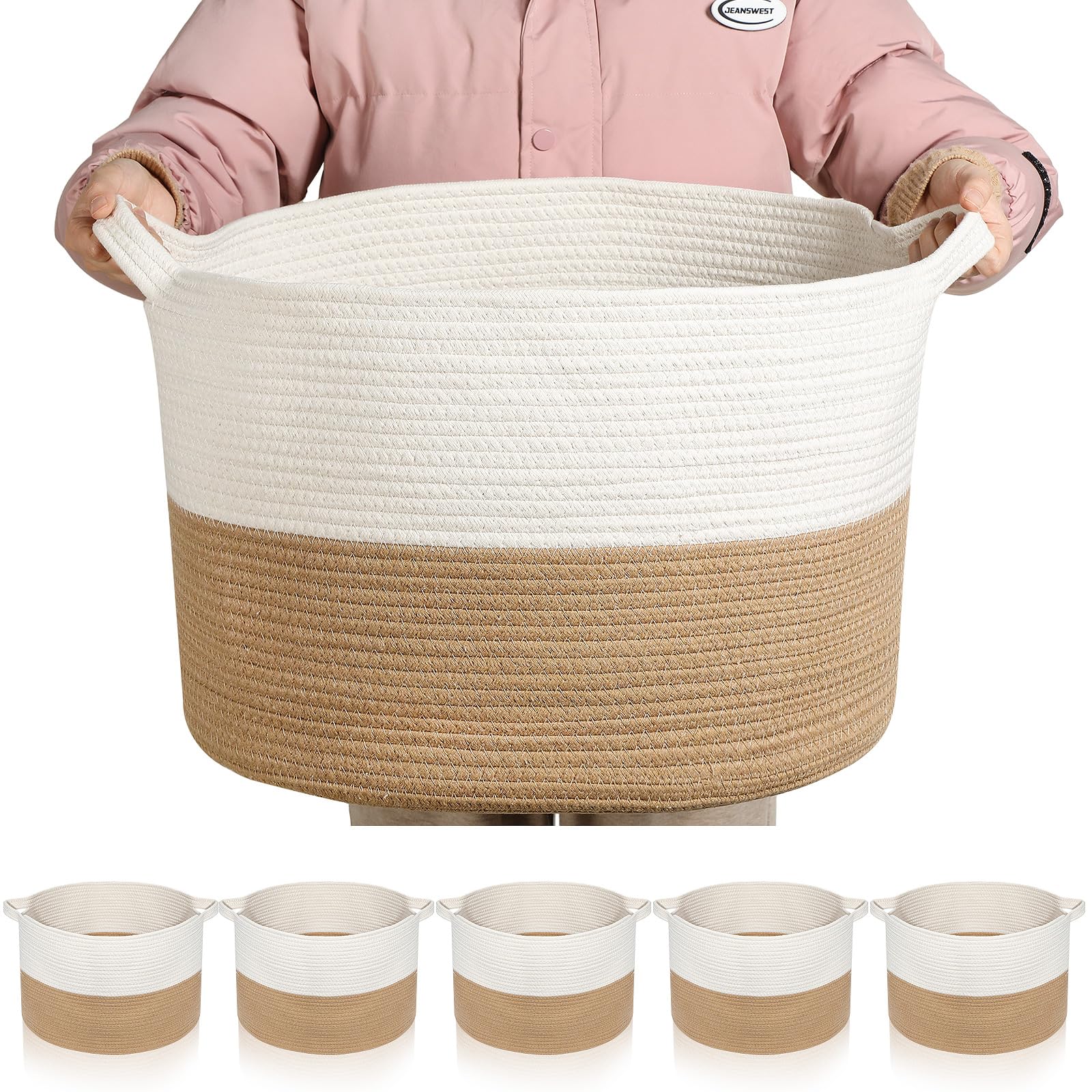 Sawysine 6 Pcs Cotton Rope Woven Basket for Storage Baskets for Organizing Storage Baskets Rope Basket with Handles for Cloth Blanket Toys Living Room Bathroom Laundry(Classic)