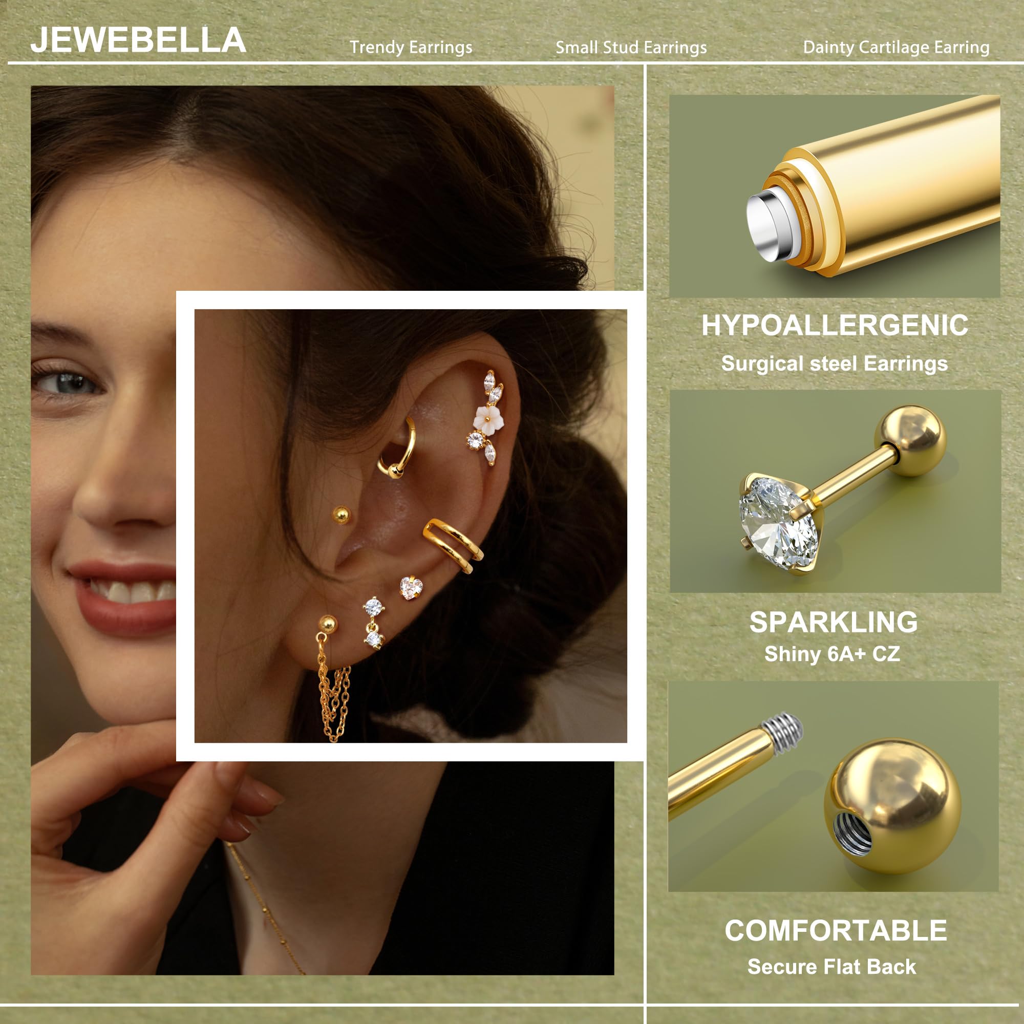 HMJGDHX 20 sztuk stal chirurgiczna Helix Piercing biżuteria hipoalergiczna śruba kolczyki z płaskim tyłem zestaw Tragus Hoop muszla Daith Piercing biżuteria klip srebrne złote kolczyki na chrząstkę