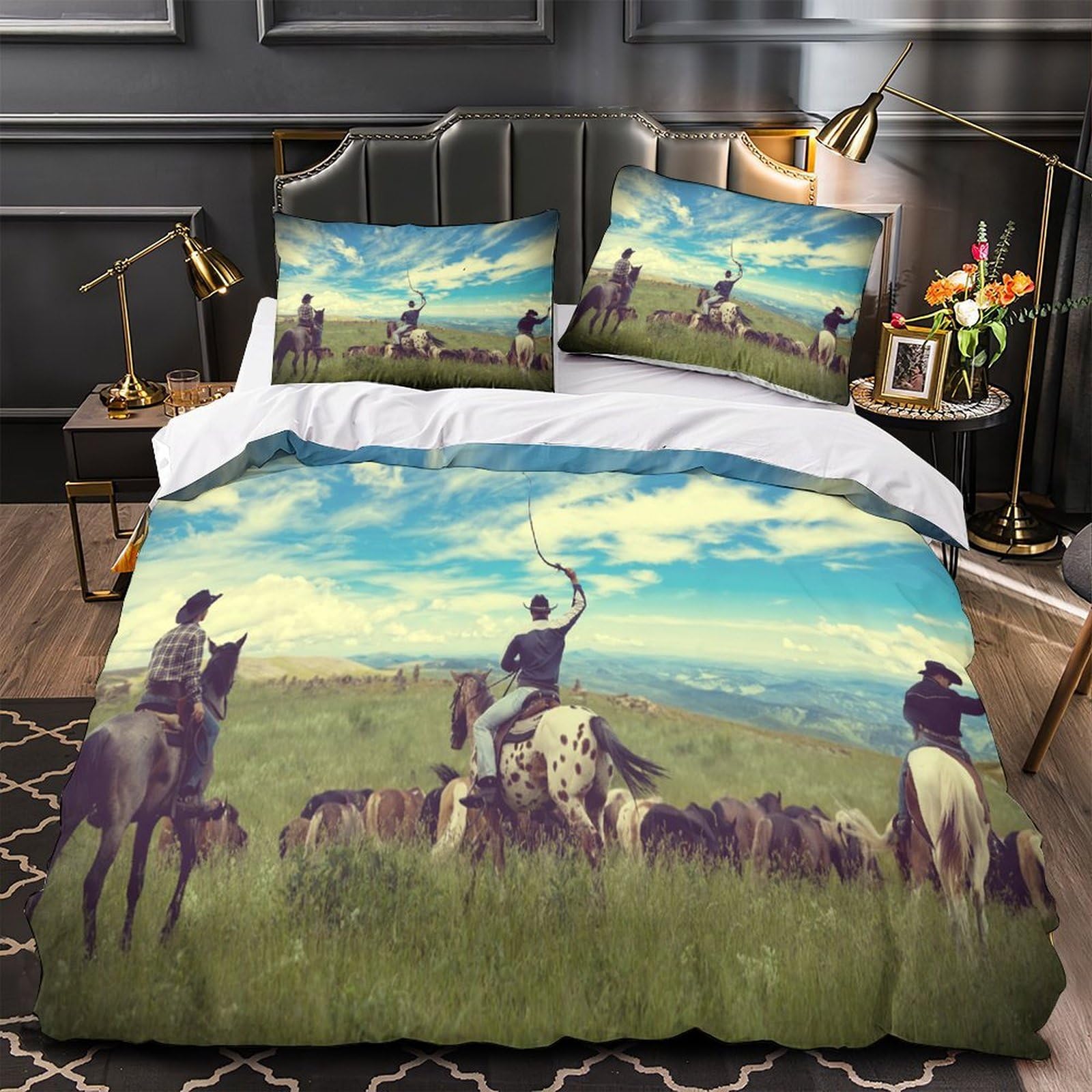 MMDASBVPE Ranchers Herding Cattle Comforter Cover 3D Design Printed All Season 3 Piece Bedding Set Zipper Duvet Cover Luxury Breathable for Kids Teens Adults Women Youth Teenagers Single（140x200cm）