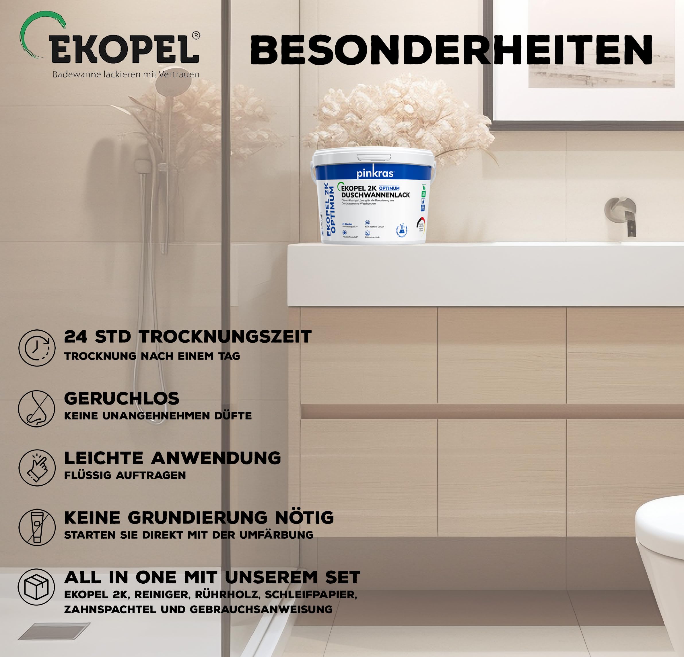 EKOPEL 2K Optimum Wasserfeste Farbe für Dusche | 24 St Härtungszeit| Badewannenlack weiß Set | Badewannen Beschichtung aus Emaille Lack | dicke Badewannenfarbe | Duschwanne bis 90x90 cm…