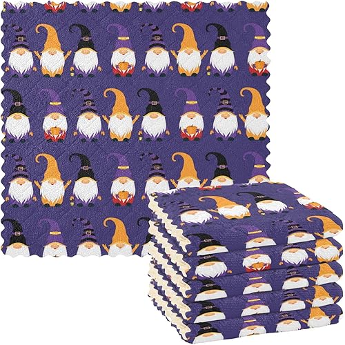 Halloween Gnomes Purple Set of 6 Absorbent Kitchen Towels and Dishcloths Sets Microfiber Print Cotton Dish Tea Towels for Bathroom Table