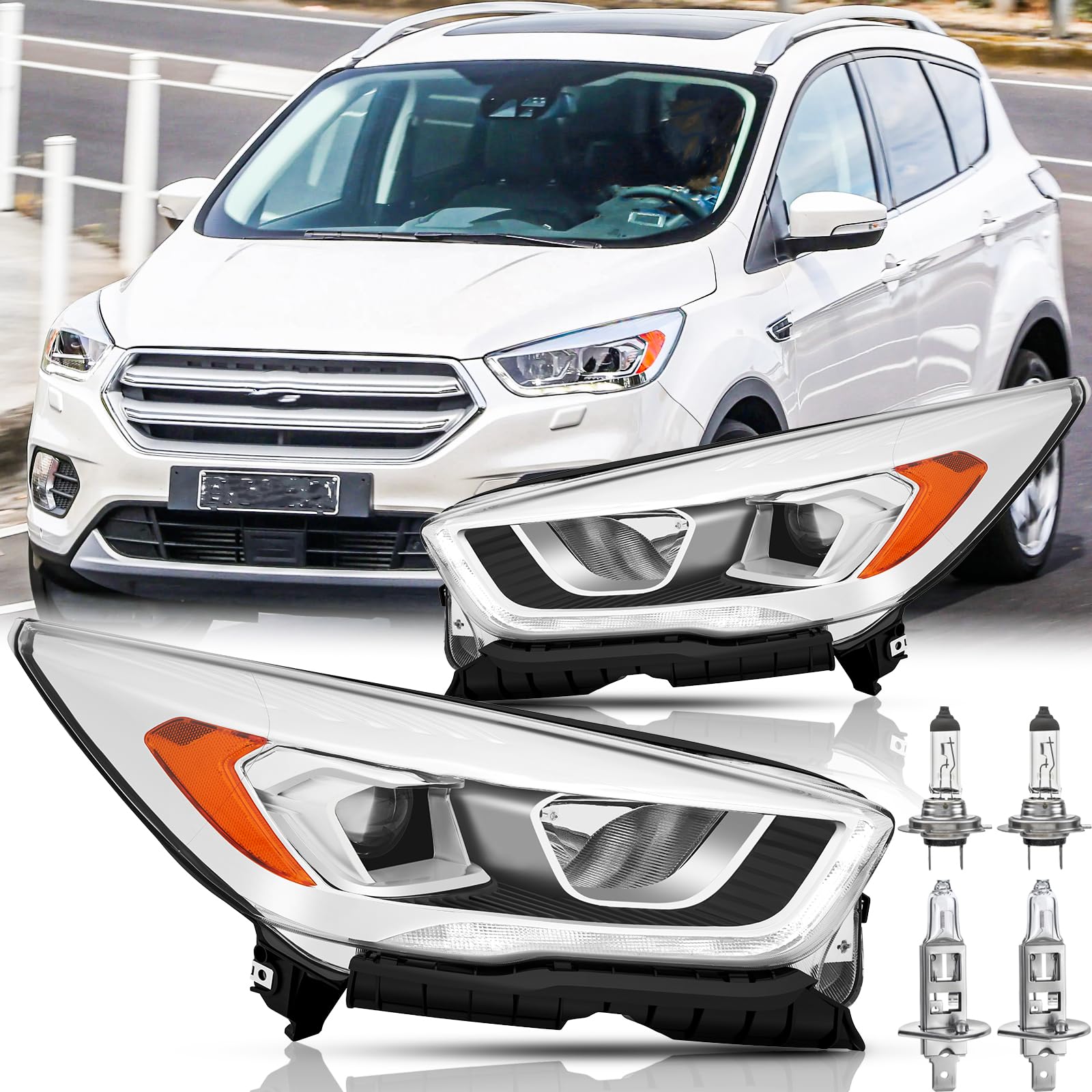headlights assembly with bulbs for 2017 2018 2019 ford escape s se sel titanium halogen headlamps head lights w/led drl replacement driver and passenger side pair,chrome housing amber reflector