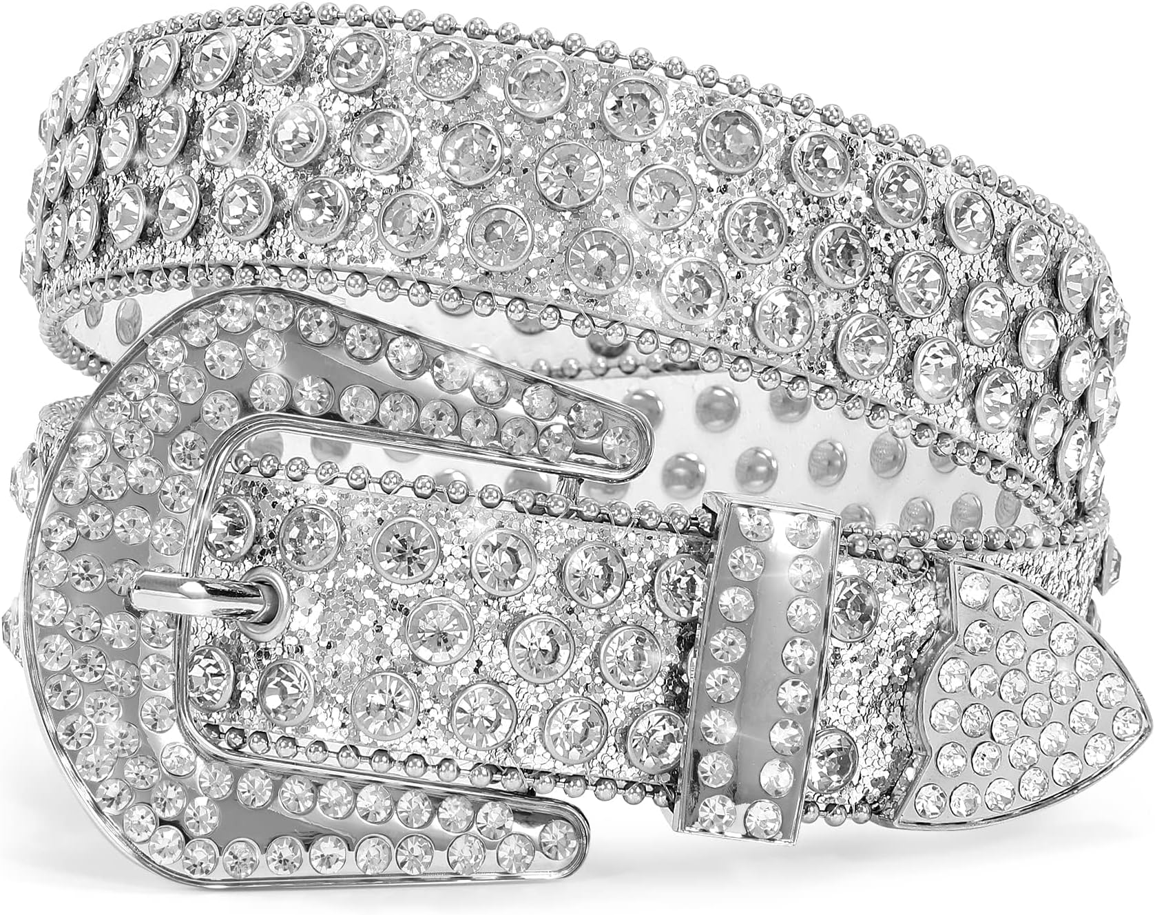 Men Women's Rhinestone Bling Studded 1.5" Leather Belts for Jeans Pants with Fashion Silver Buckle