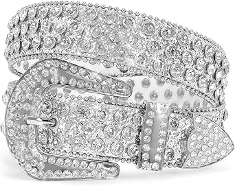 Men Womens Rhinestone Bling Studded 1.5" Leather Belts for Jeans Pants with Fashion Silver Buckle