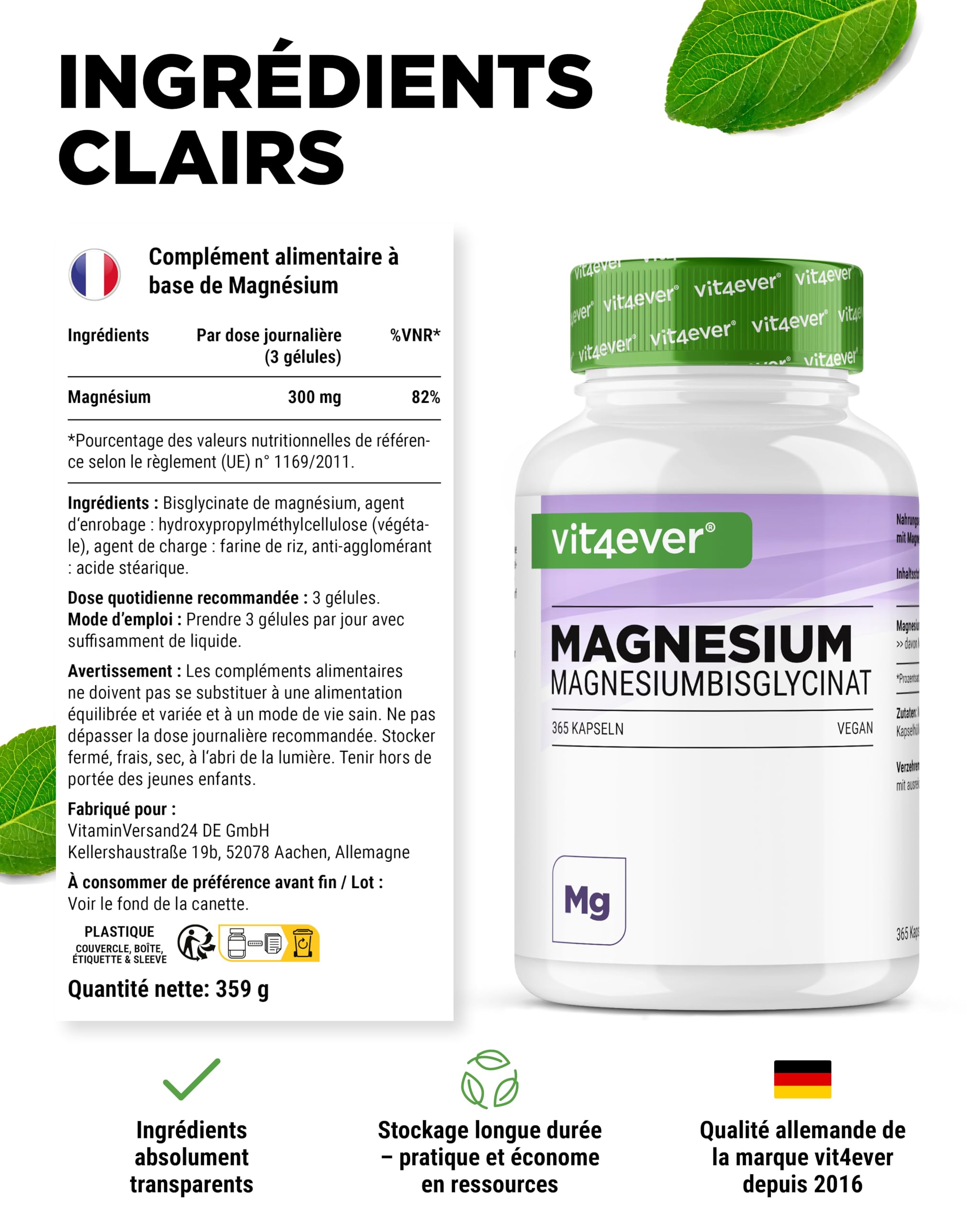 Bisglycinate de Magnésium - 365 Gélules - 300 mg de Magnésium Elémentaire par Dose journalière - Premium : Magnésium Chélaté - Vegan - Hautement Dosé