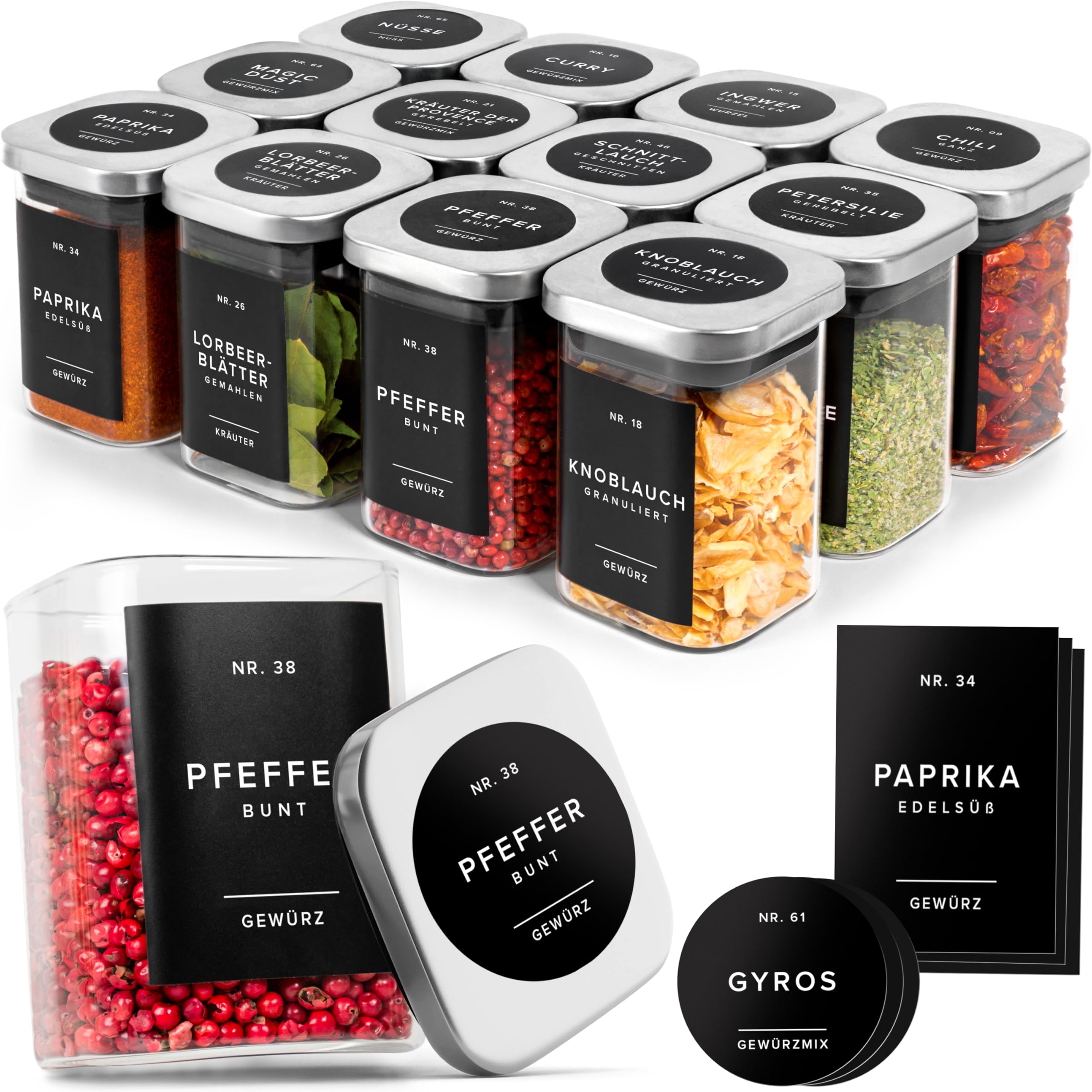 EDELHAUS Gewürzgläser Eckig mit Edelstahl Deckel 190ml (12 Stück) - Gewürzdosen Set mit 160 Gewürzetiketten/Luftdichte Vorratsdosen, Stapelbare Gewürz Organizer, Glasbehälter