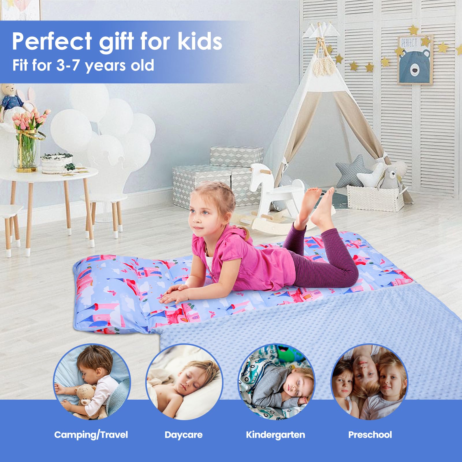 Nap Mat per Bambini con Cuscino e Coperta Rimovibili, Grande Extra Spesso 2 in 1 Sacco a Pelo Pieghevole per Ragazze Ragazzi, Nap Mats per Asilo Nido e Campeggio (Castello Blu)