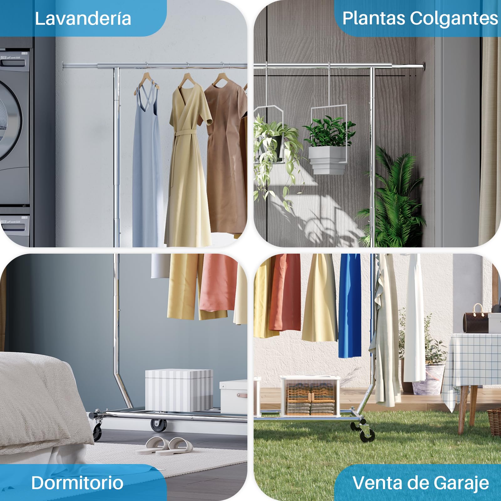 HOKEEPER Burro de Ropa Resistente 136kg, Barra Extensible con Ruedas Bloqueables, Ahorra Espacio para Dormitorio, Apartamento, Lavandería