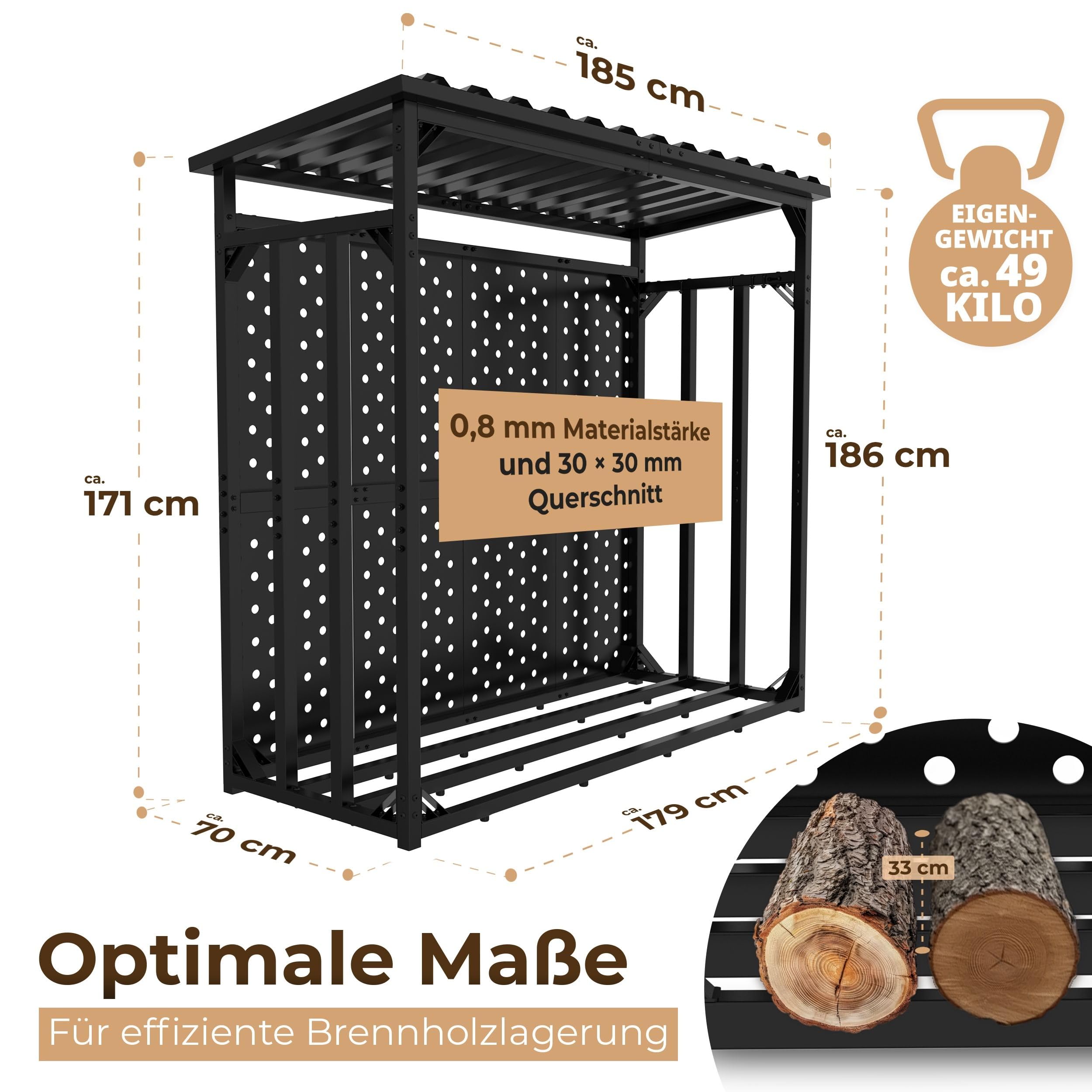 Kaminholzregal mit Rückwand außen 187x88x186 | verzinkt Metall Garten Holzregal Stapelhilfe mit Abdeckplane XXL Feuerholz Unterstand Metall Dach mit Wetterschutz