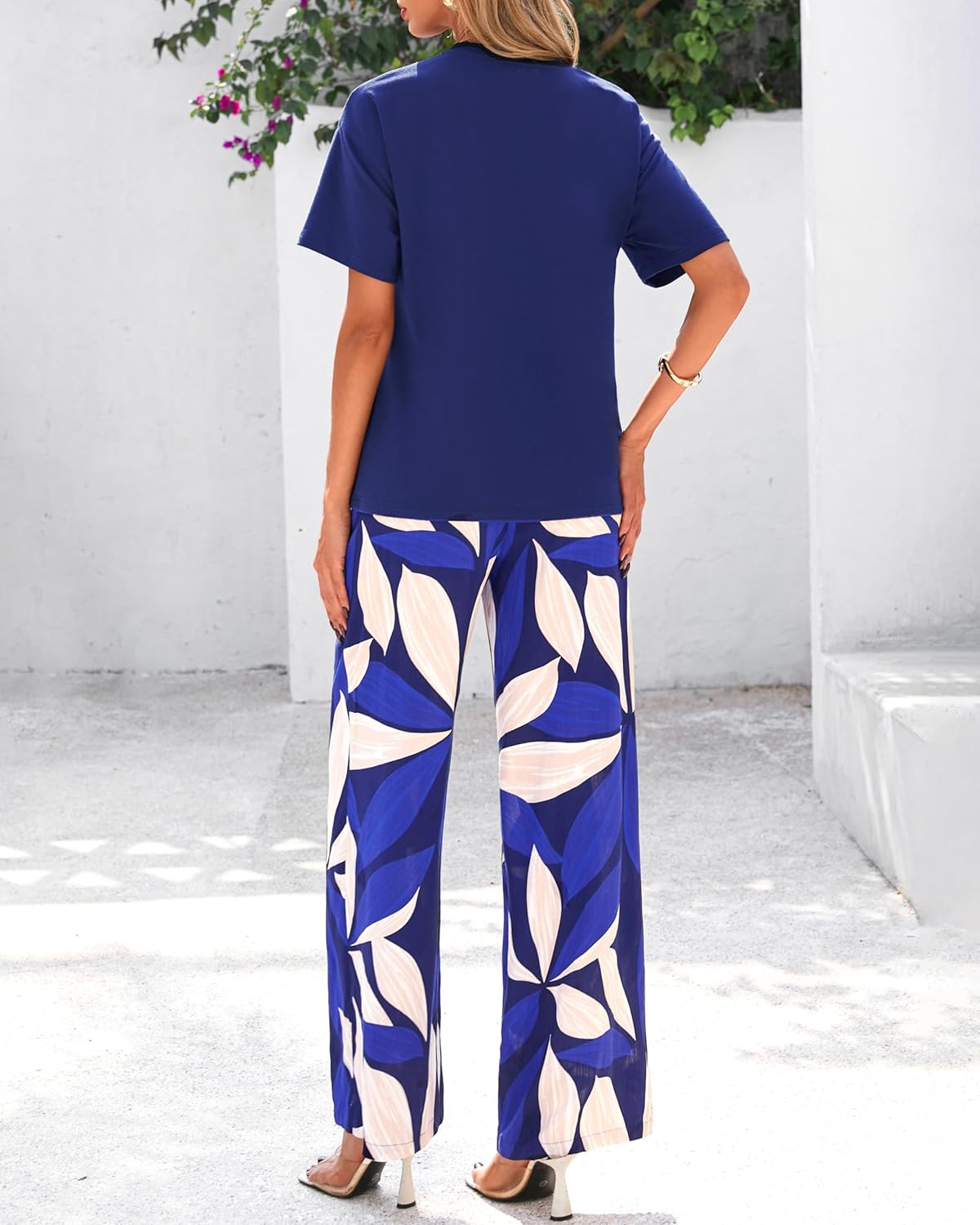 PRETTYGARDEN Women Summer 2 Piece Outfits 2026 Short Sleeve Knit Top Floral Print Belted Wide Leg Pant Sets With Pockets - Image 5