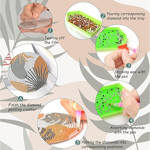 Miniatura 3 de 8 posavasos de pintura de diamantes de hojas con soporte, diseño de hojas grises, estilo bohemio, para adultos, niños, principiantes, kits de