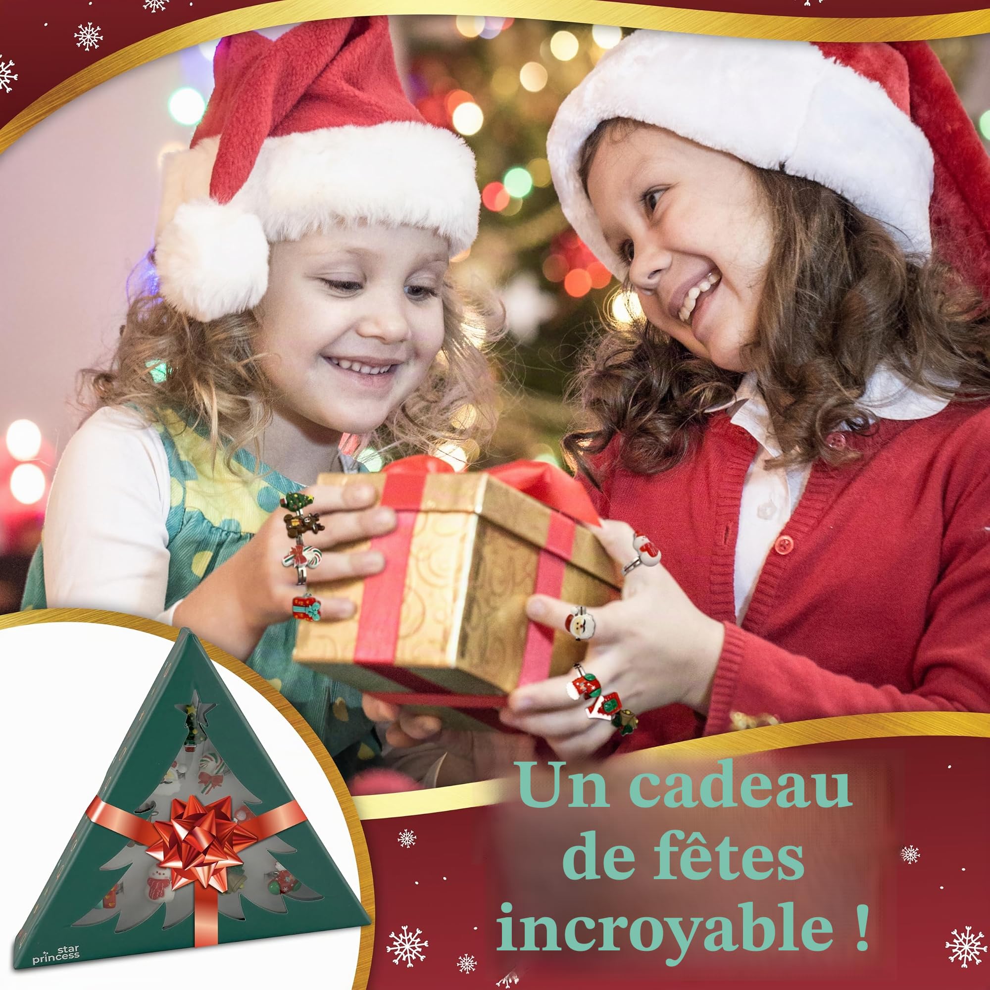 Lot de 10 Bagues Réglables de Noël pour Filles dans un Coffret Cadeau d'Arbre, Plastique, Aucune Pierre Précieuse - Pour Filles de 3 à 8 Ans