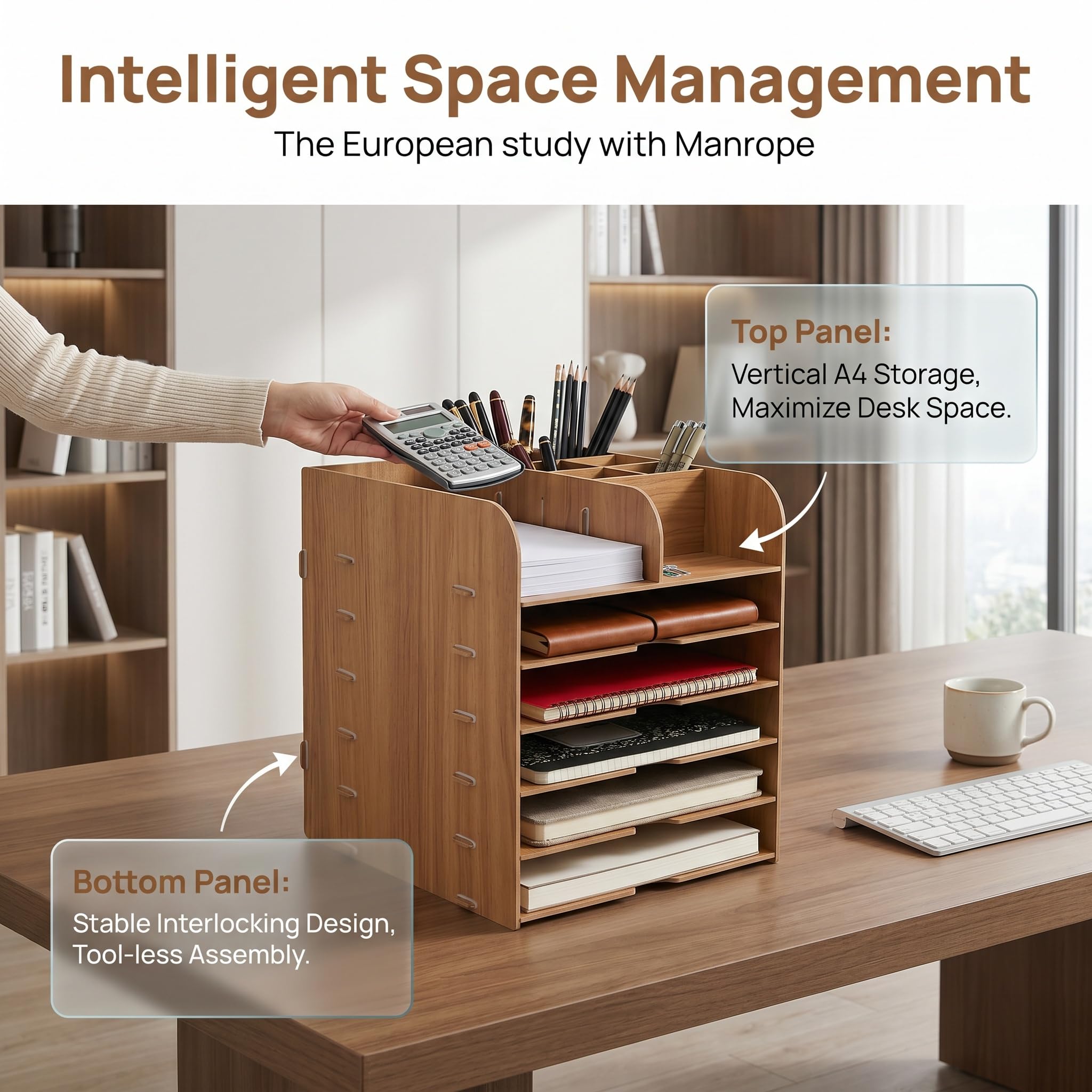 Organiseur de bureau à 5 compartiments en bois avec porte-stylo, porte-documents A4, porte-courrier, porte-magazines, porte-papier, classeur A4, pour bureau, maison, bureau, école, bureau