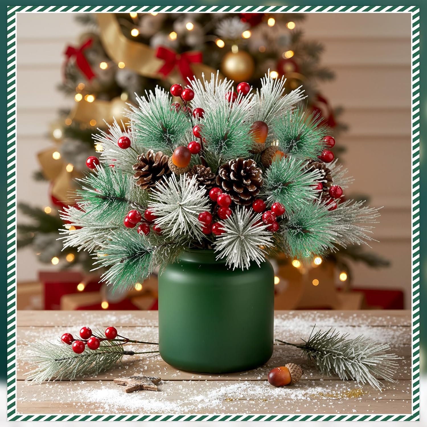 Riceshoot 324 Pcs Christmas Picks and Sprays Pine Cone Red Berries Set Christmas Wreath Making Decoration Artificial Pine Branches Acorns Wooden Stars for Xmas Supplies Party DIY Crafts