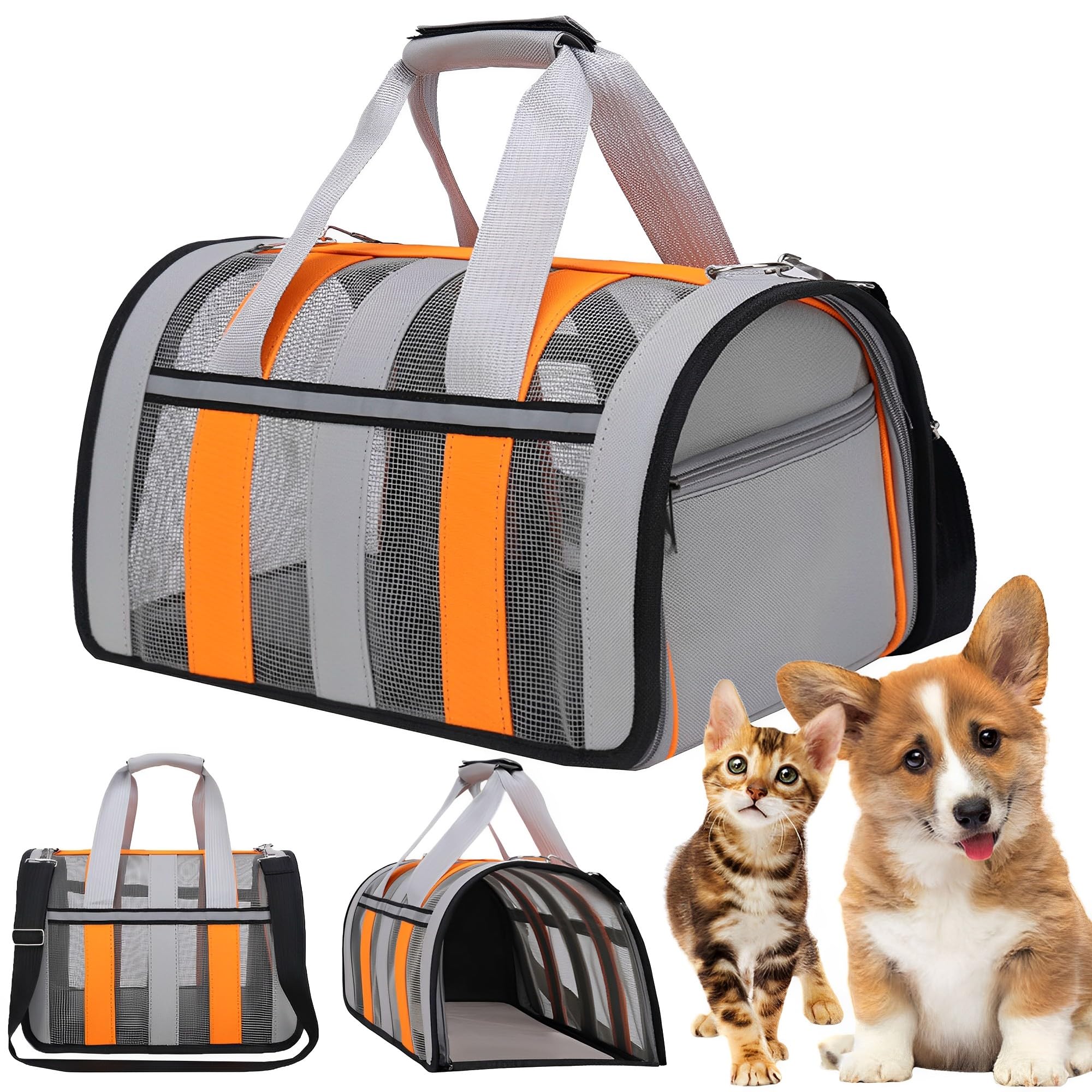 MZSX Transportín Perro Gato, con Bandas Reflectantes, Bolsa Transporte Portátil y Transpirable para Mascotas, con Correa de Hombro Ajustable, Adecuada para Gatos y Cachorros de hasta 4 kg(Gris)