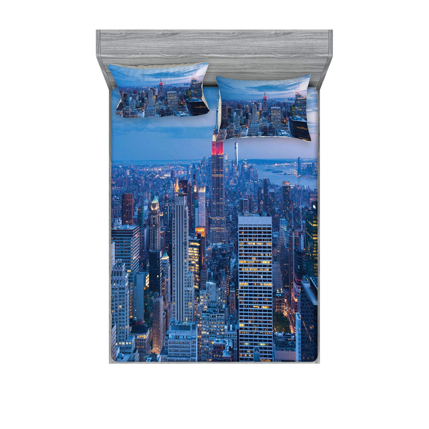 Ambesonne New York Fitted Sheet & Pillow Sham Set, Aerial Night View of NYC Dusk Sky Cloudy Sunset in City Fashion Capital Art Photo, Decorative Printed 3 Piece Bedding Decor Set, Calking, Blue Lilac