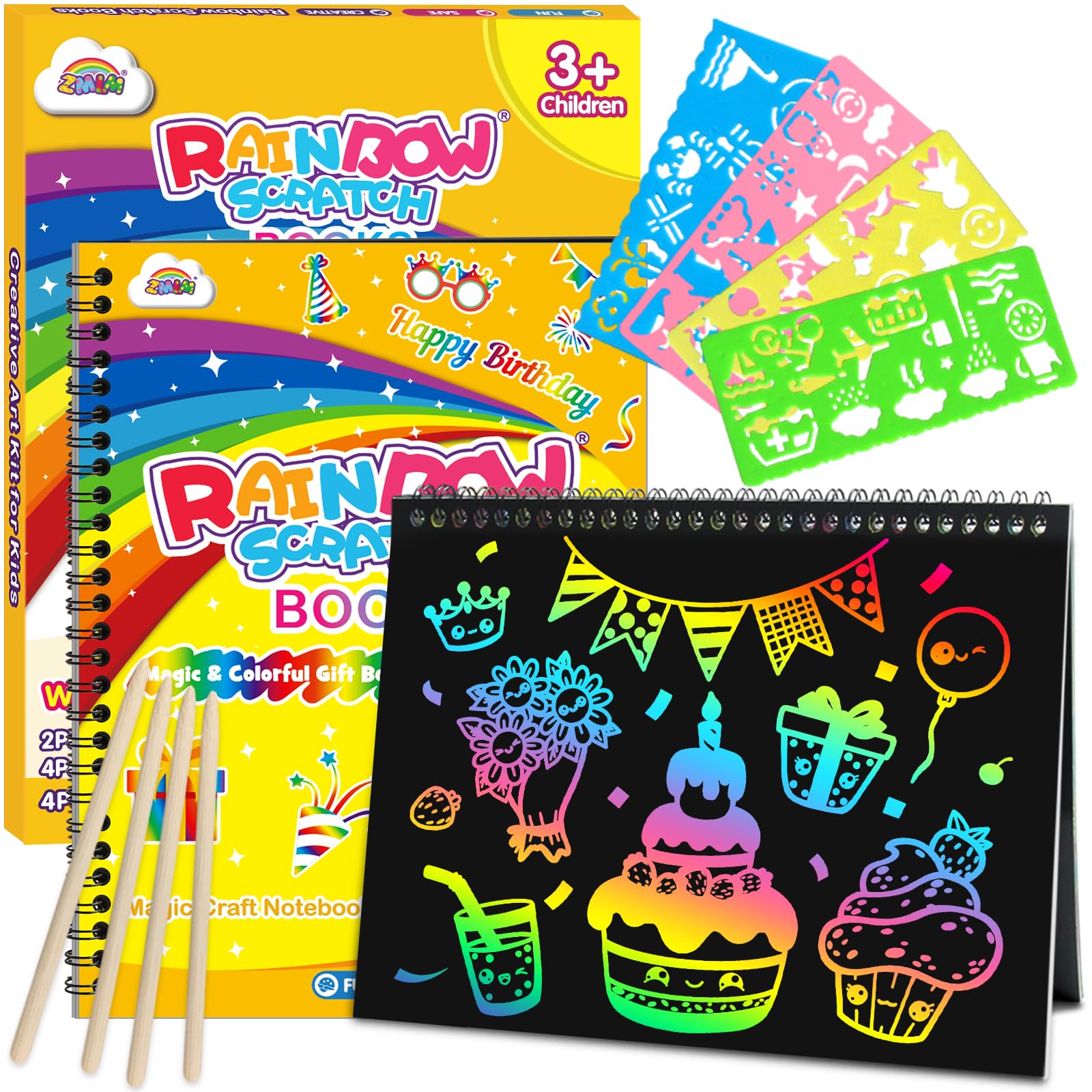 ZMLM Scratch Art for Kids, 2 Pack Large Rainbow Scratch Notebooks(Birthday)
